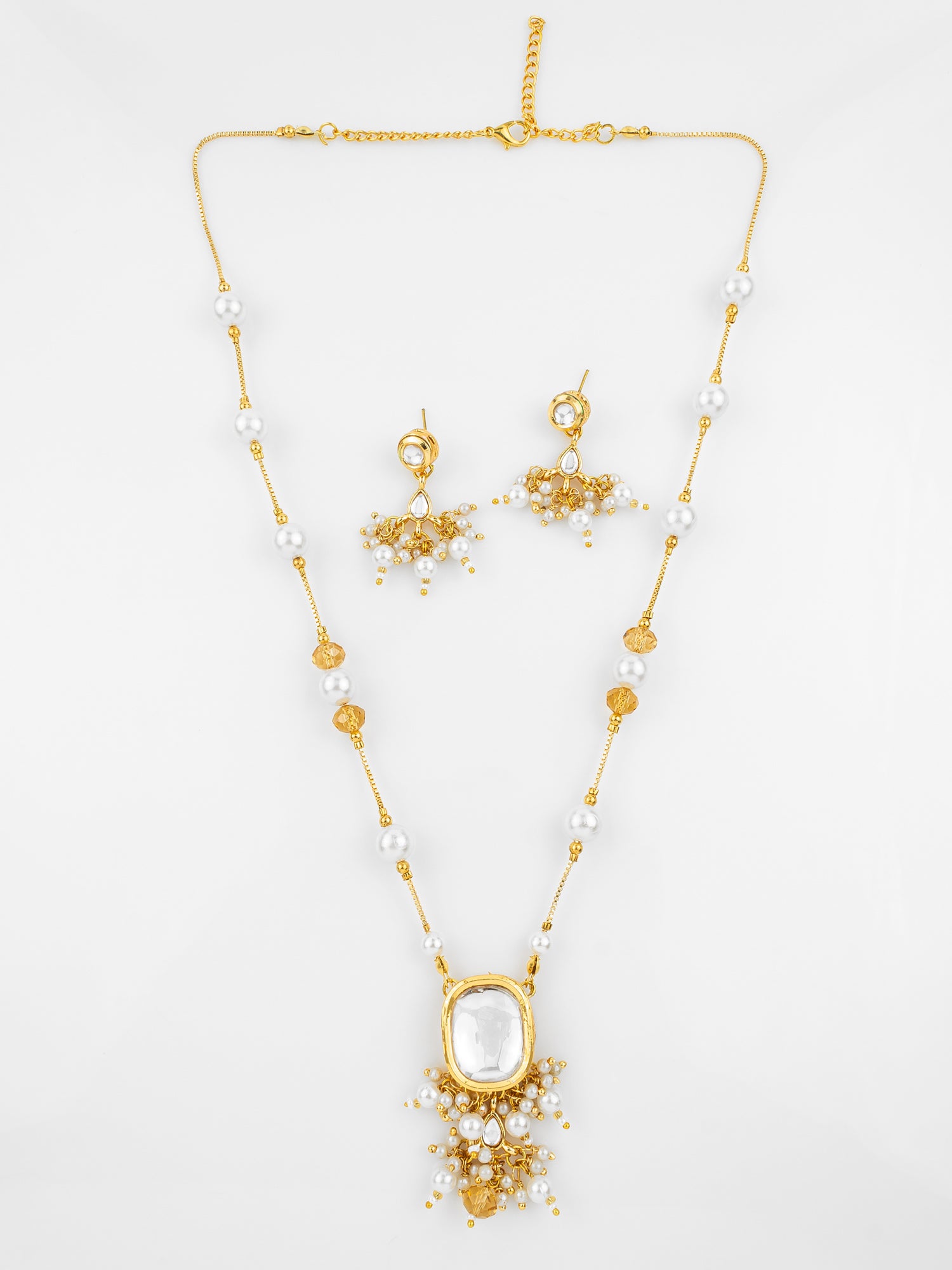 Gold Plated Pearl Kundan Necklace Set with White Marble Finish Stones | Aadita Jewelry