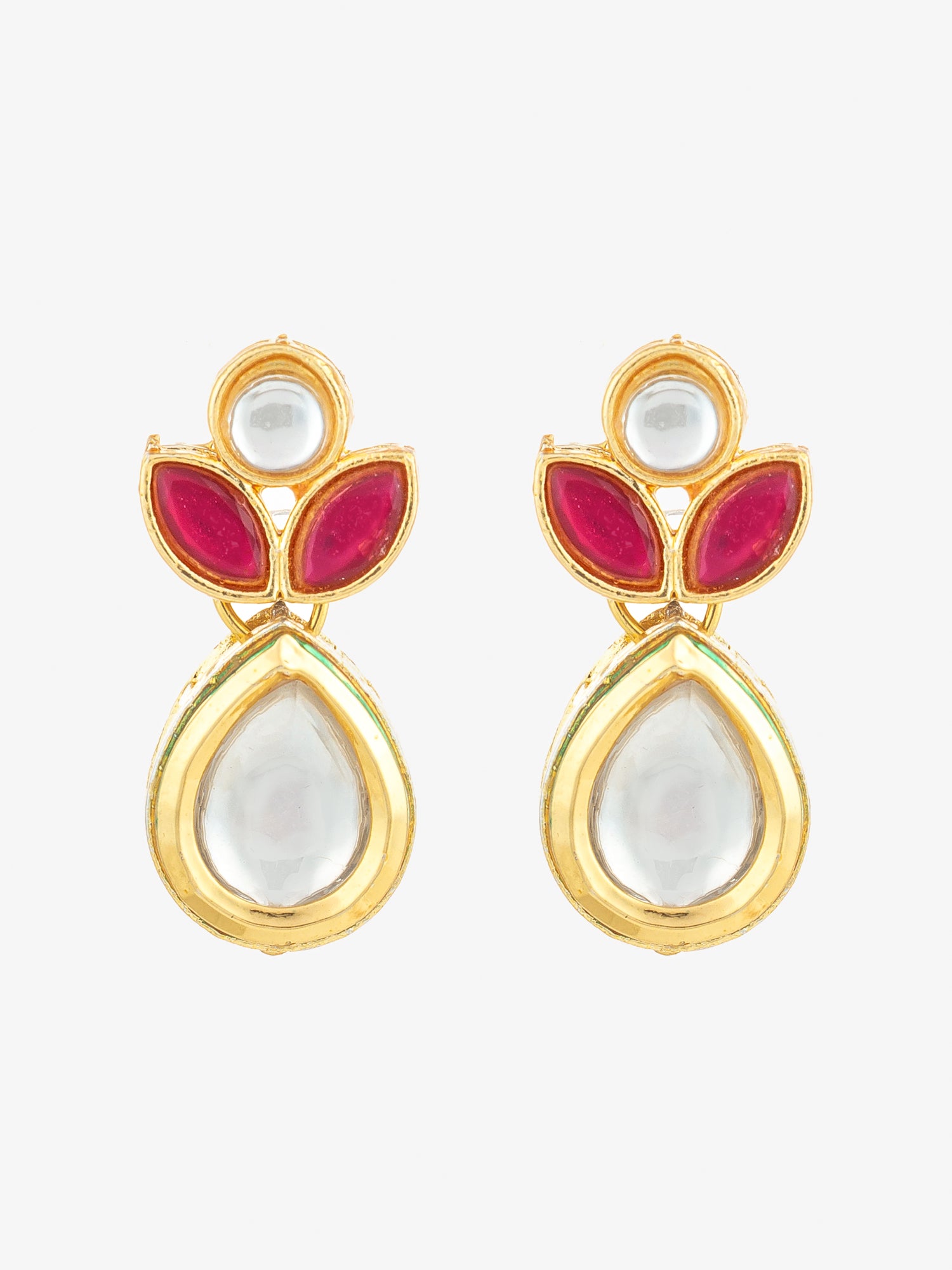 Gold Plated Floral Motif Ruby and White Stone Drop Earrings | Aadita Jewelry