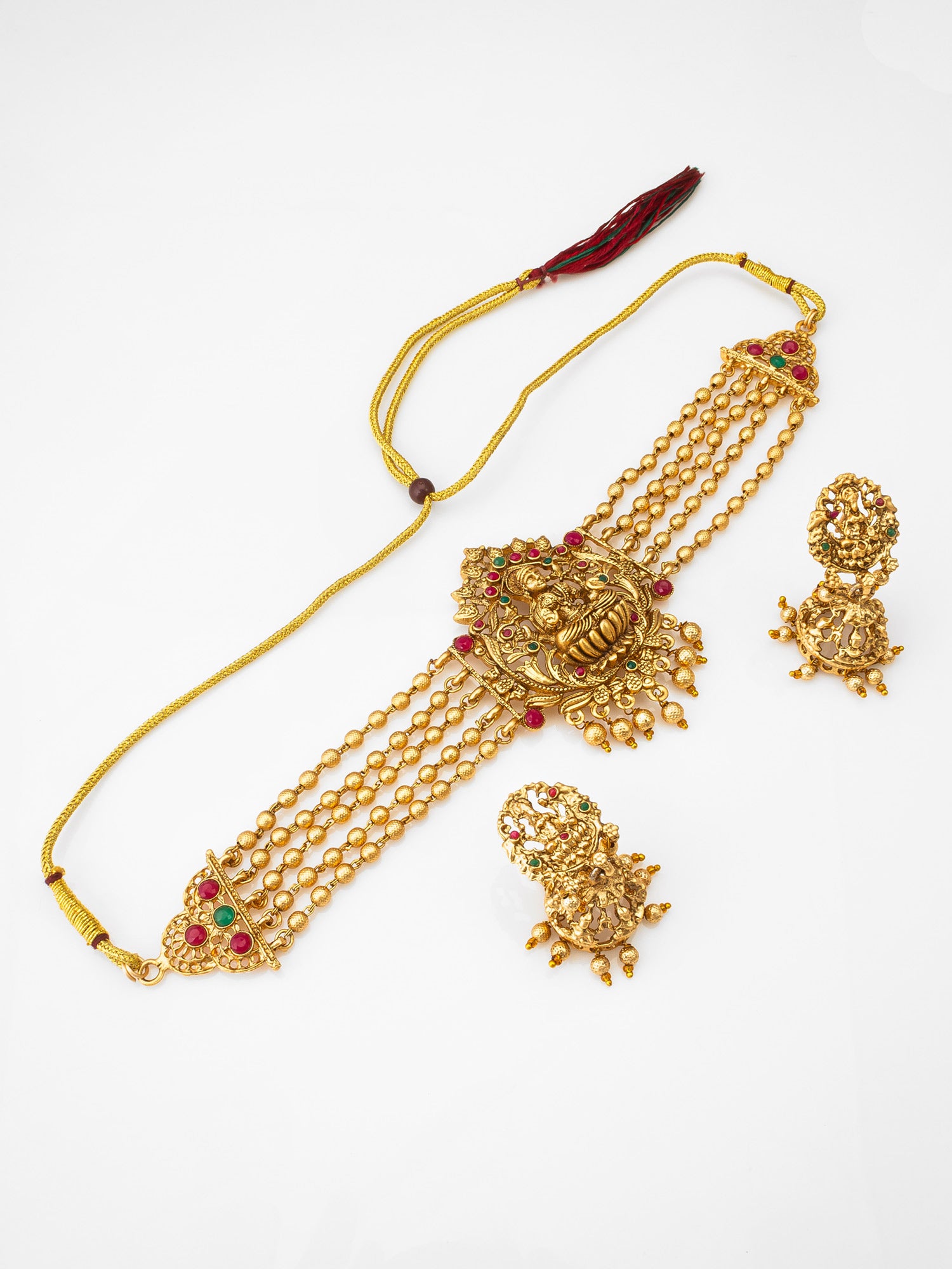 Antique Gold Multi-Strand Lakshmi Temple Necklace Set with Stones and Double Jhumka Earrings | Aadita Jewelry