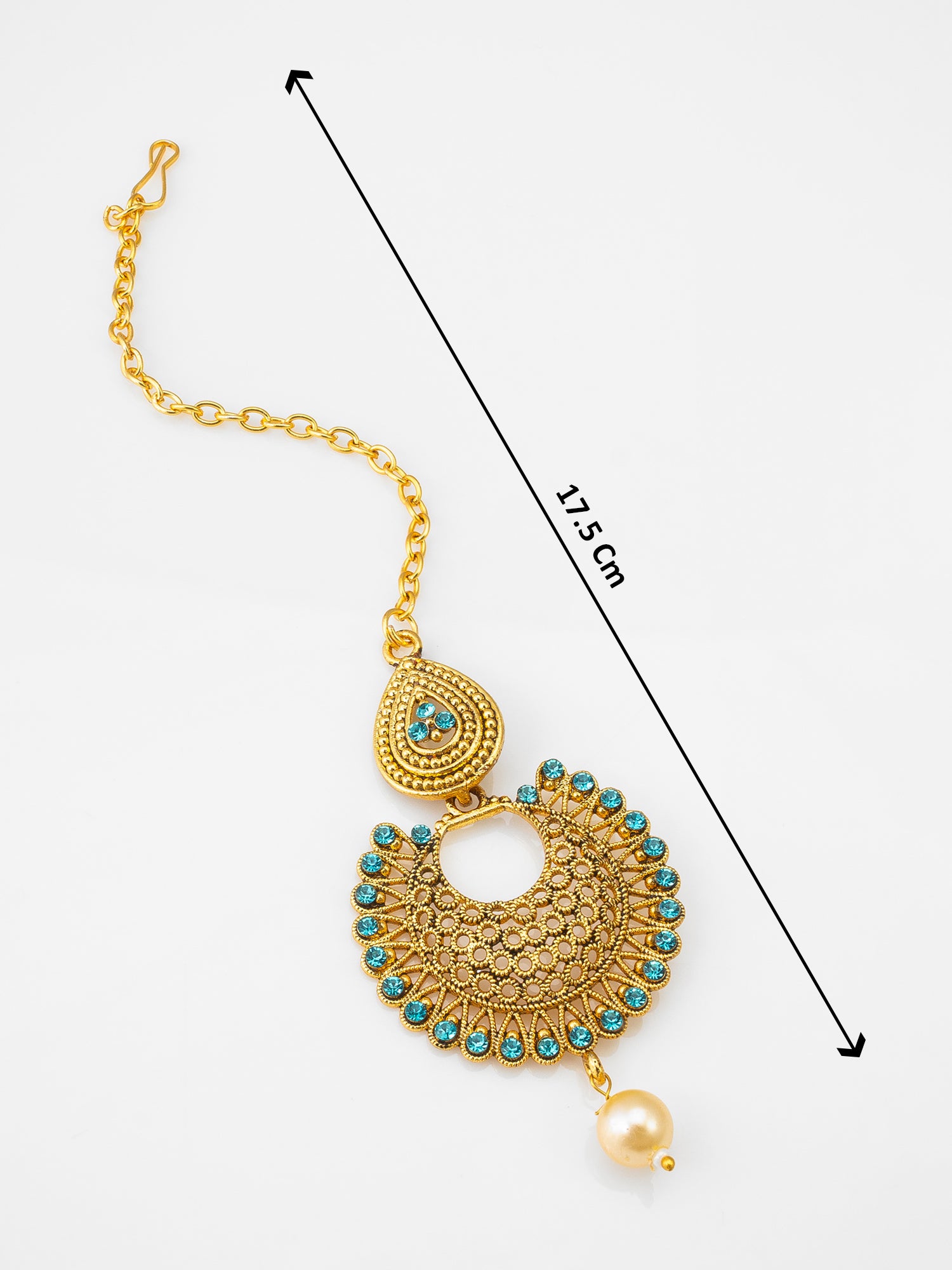 Gold-Plated Chandbali Maang Tikka with Teal Stones and Pearl Drop – View 4 | Aadita Jewelry