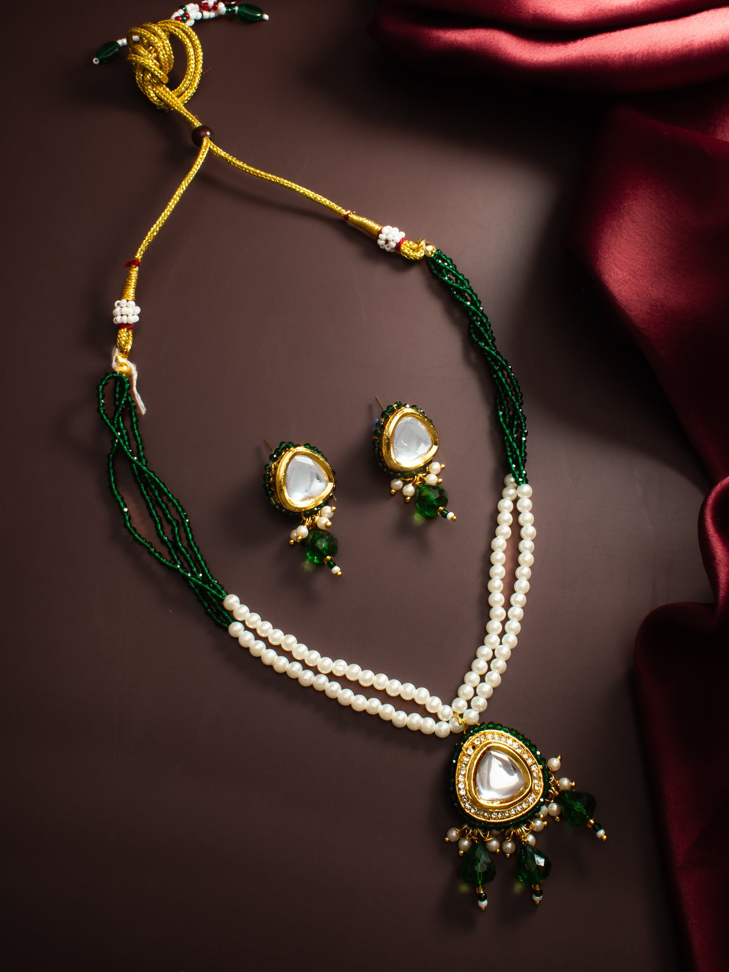 Gold-Plated Green Beaded Kundan Necklace Set for Women – View 5 | Aadita Jewelry