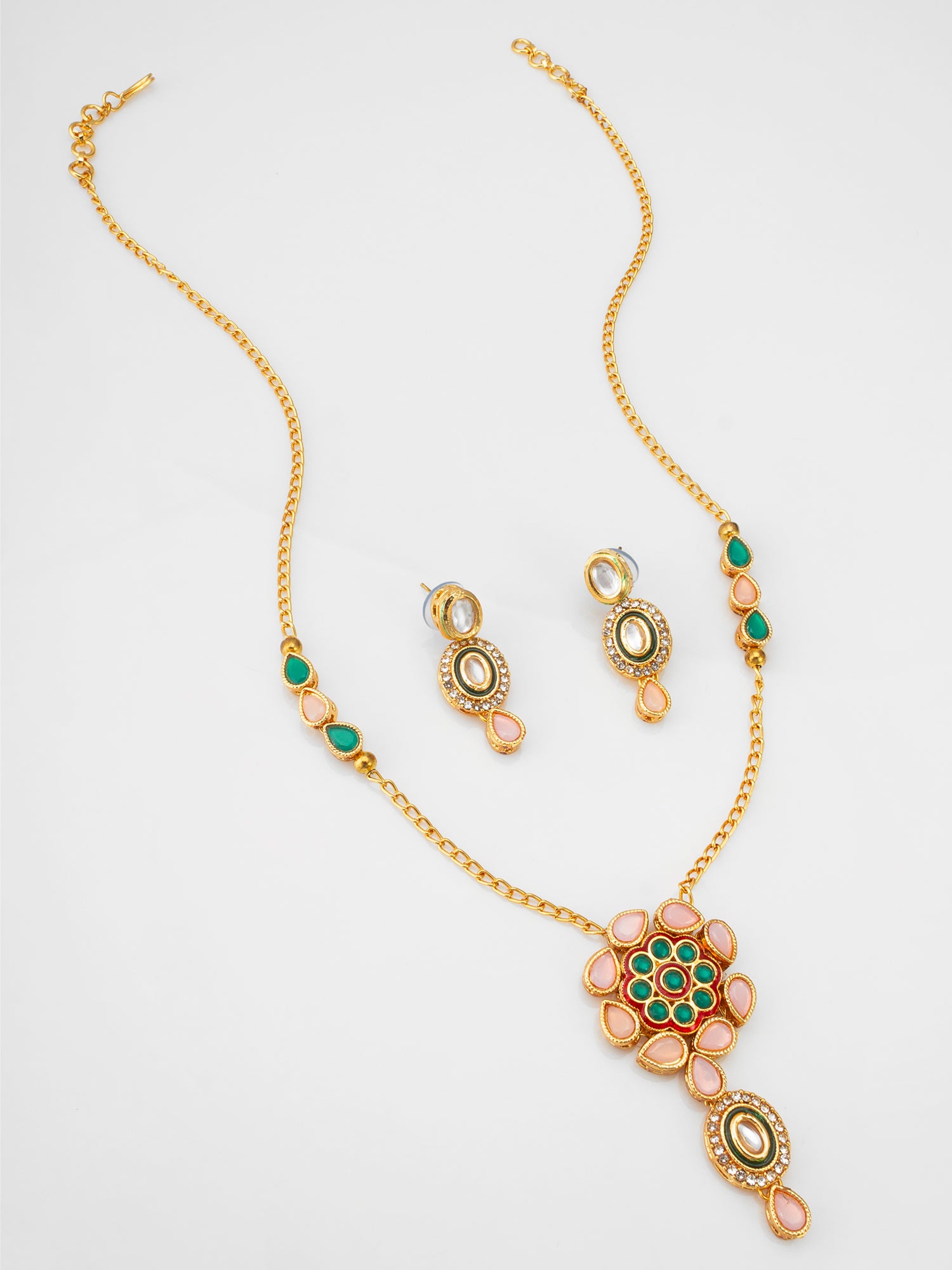 Traditional Kundan Necklace Set with Pink and Green Floral Pendant | Aadita Jewelry