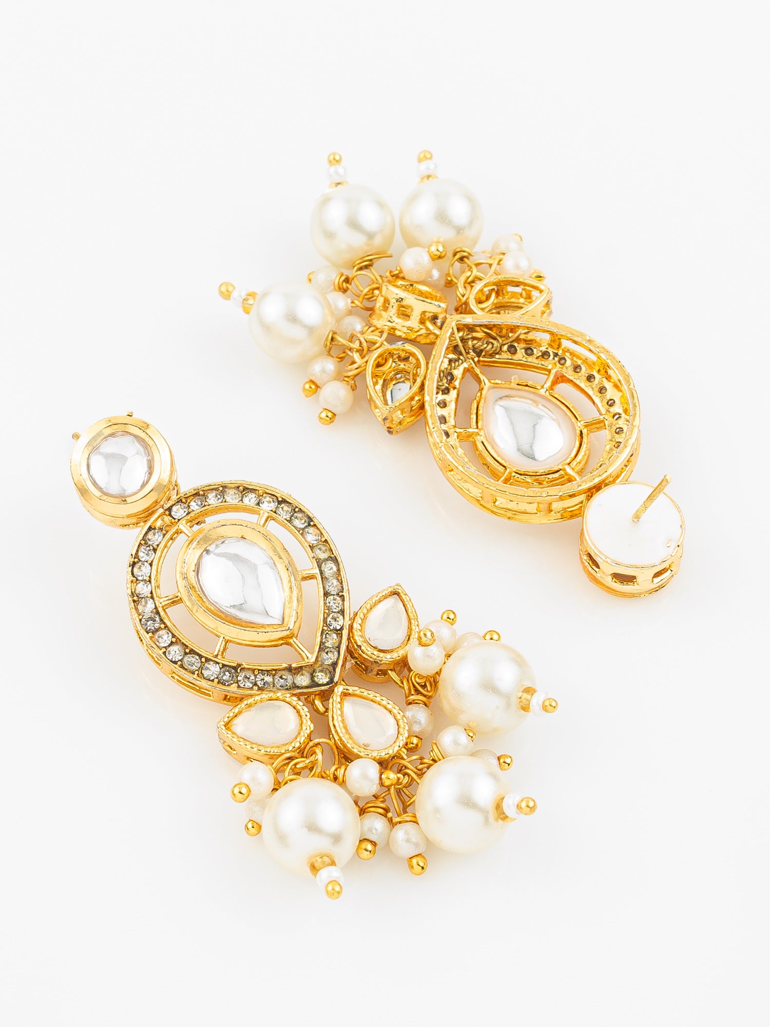 Gold Plated Kundan & Pearl Cluster Drop Earrings for Women and Girls – View 3 | Aadita Jewelry