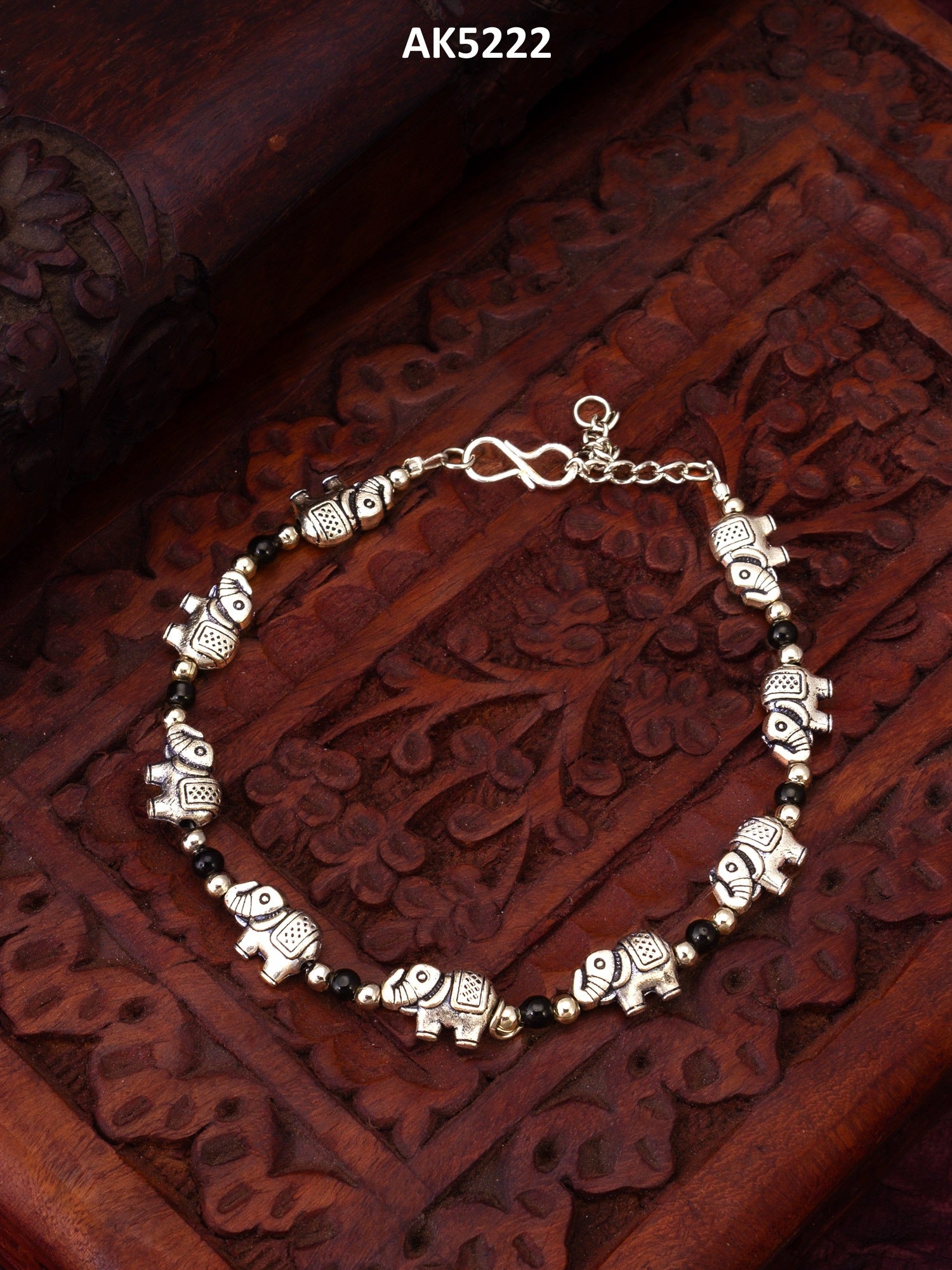 Oxidized Silver Elephant Charm Bracelet with Black Beads – View 5 | Aadita Jewelry