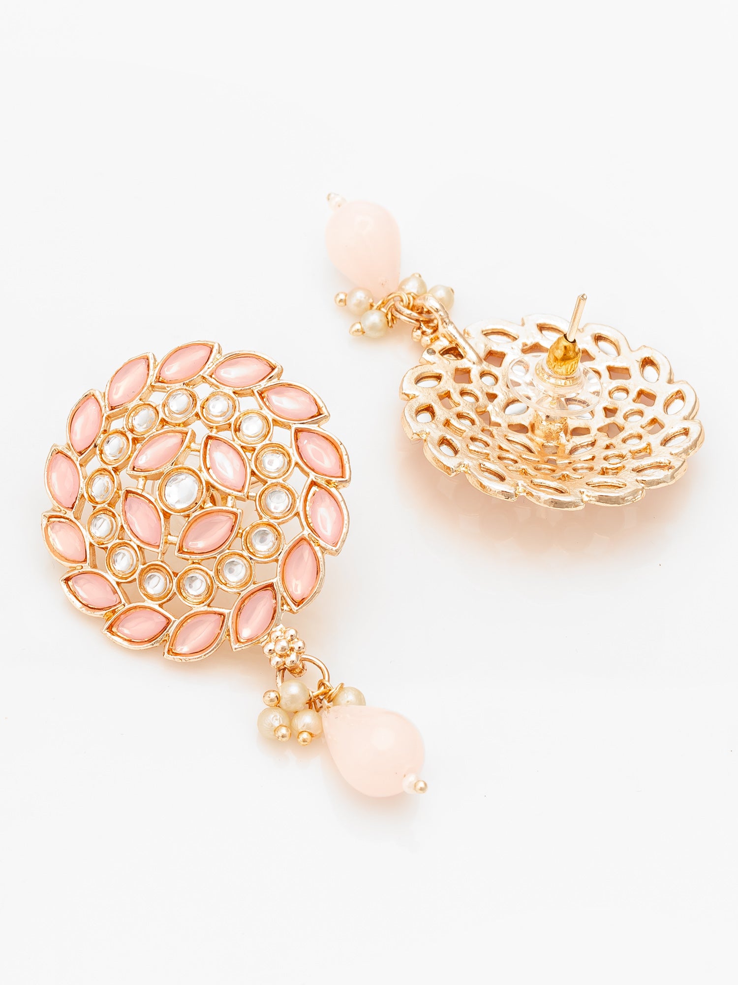Aadita Gold Plated Pink Stone Stud Drop Earrings with Bead Accent – View 3 | Aadita Jewelry