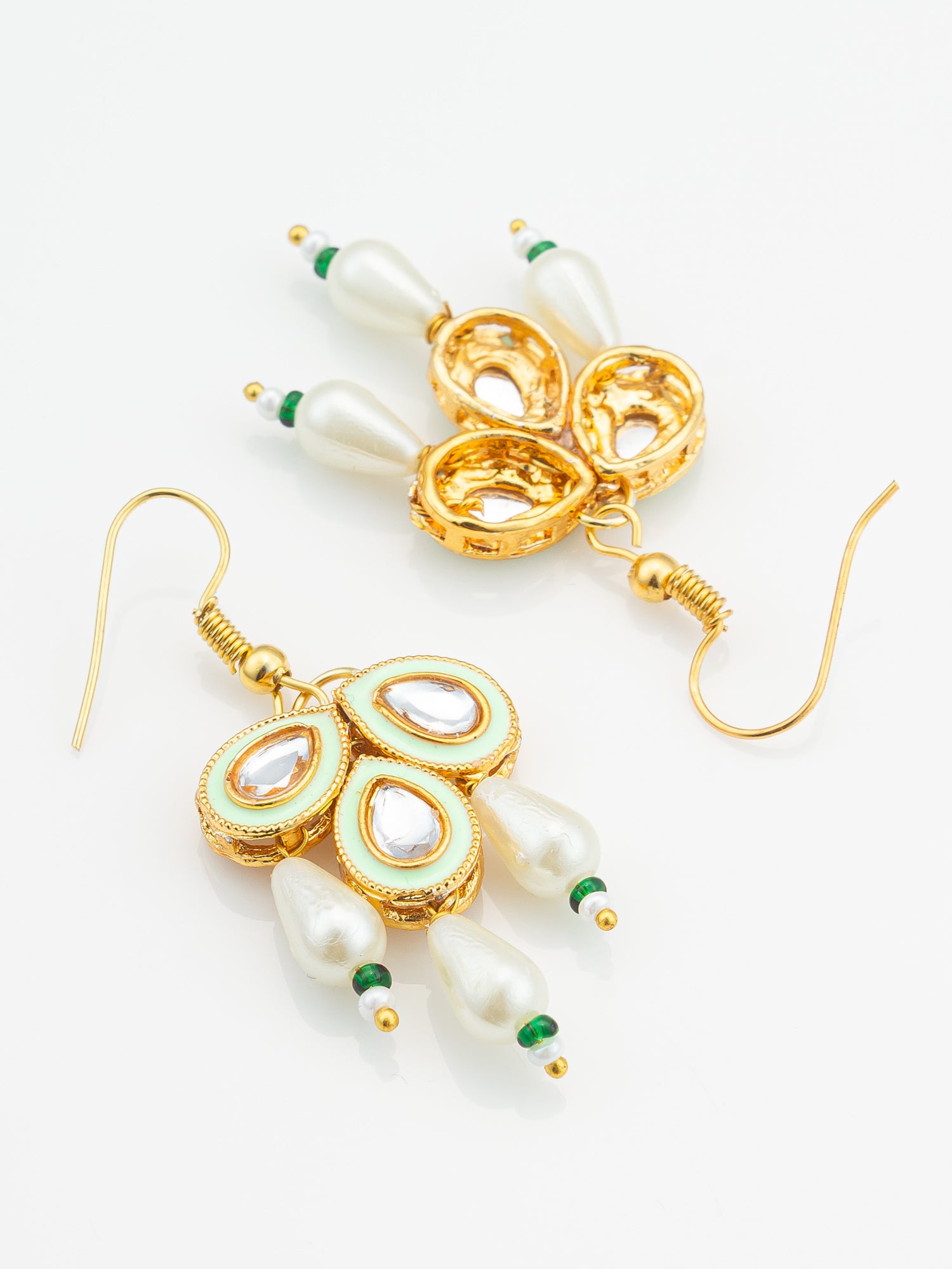 Mint Green Enamel Kundan Drop Earrings with Pearls – View 3 | Aadita Jewelry