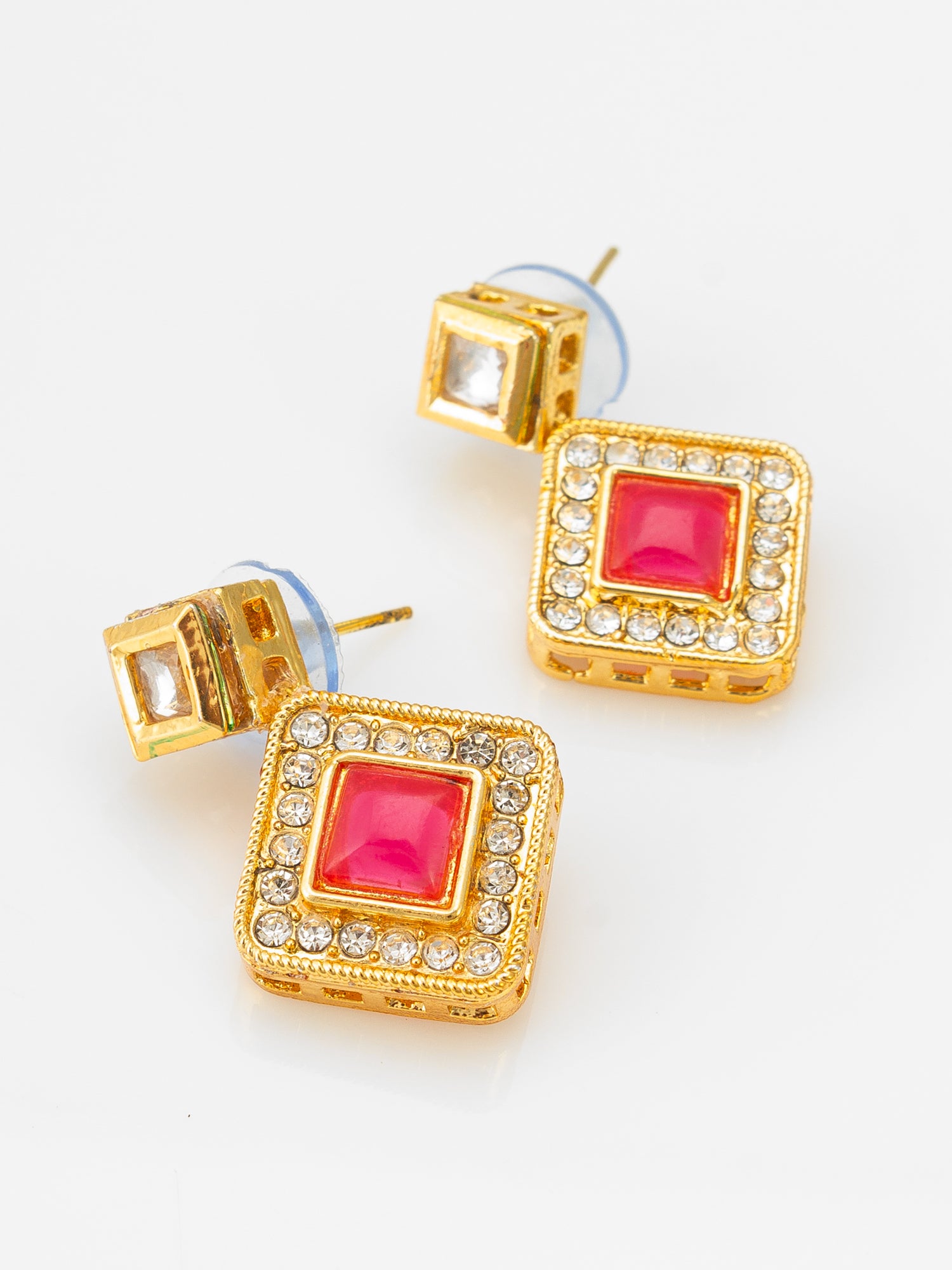 Kundan Mangalsutra Set with Pink Stone Square Pendant and Matching Earrings – View 3 | Aadita Jewelry
