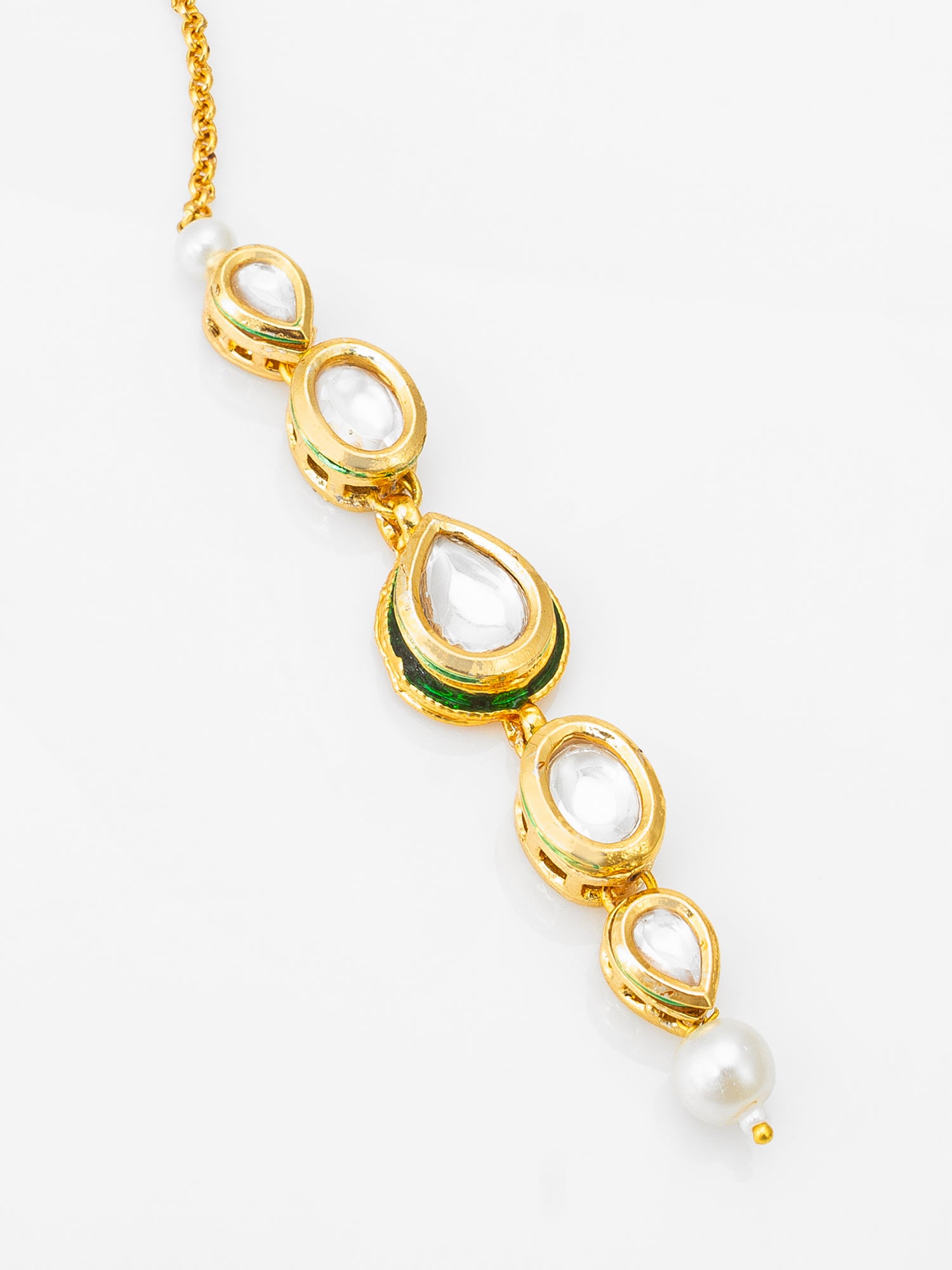 Gold-Plated Kundan Linear Maang Tikka with Pearl Drop – View 3 | Aadita Jewelry