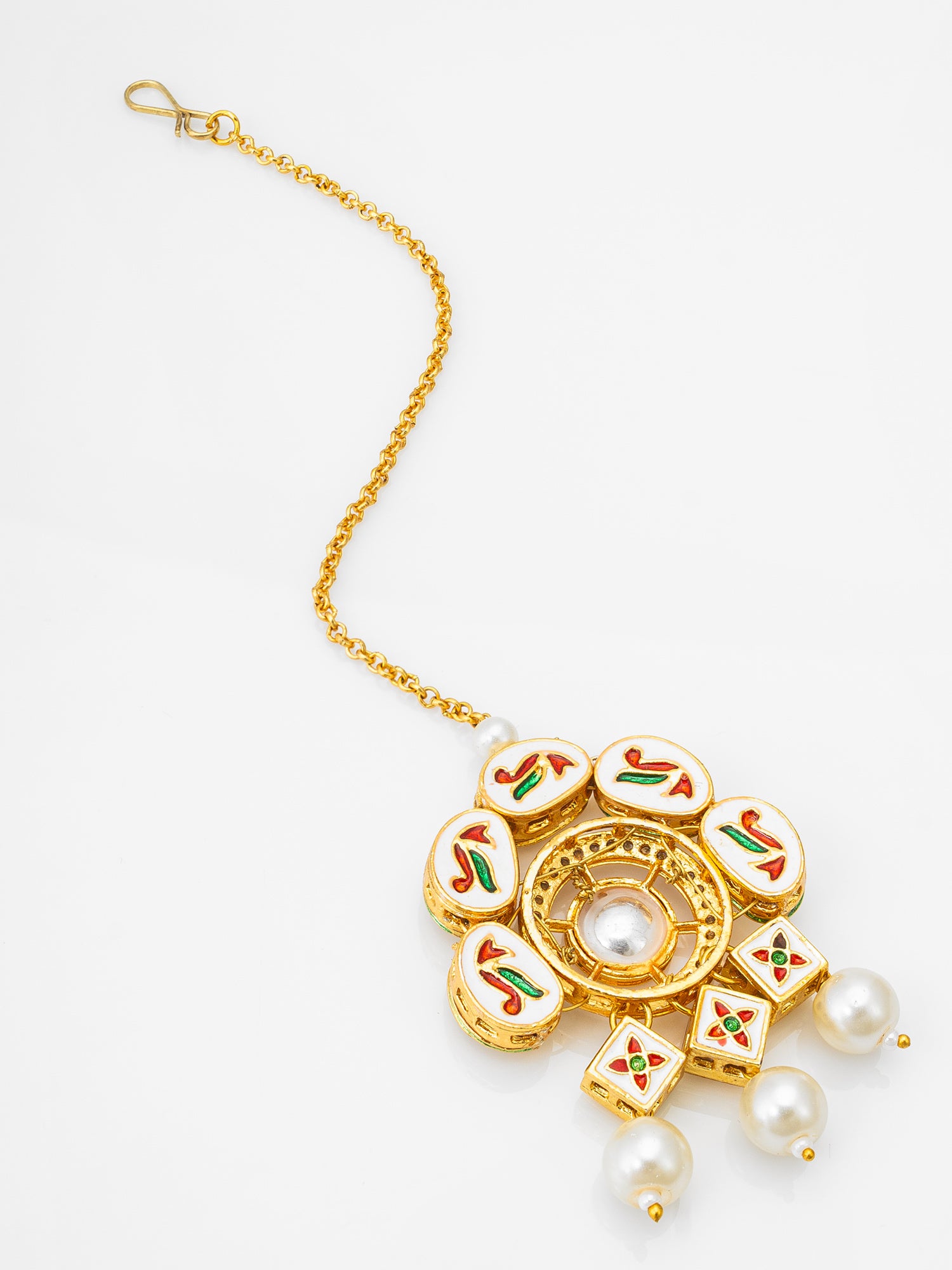 Gold-Plated Kundan Maang Tikka with Pearl Drops – View 2 | Aadita Jewelry