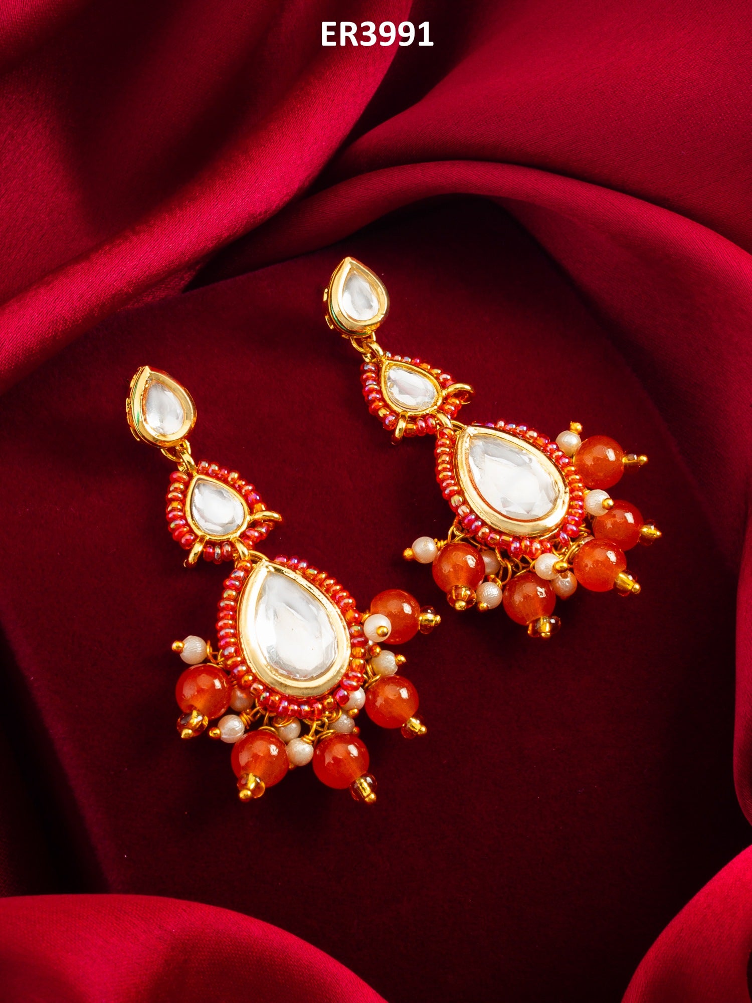 Orange Kundan Drop Earrings with Beads and Pearl – View 5 | Aadita Jewelry