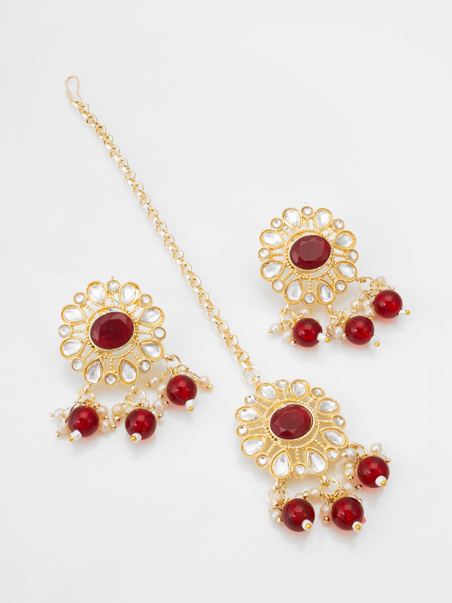 Red Kundan Choker Necklace Set with Beaded Drops Earrings – View 2 | Aadita Jewelry