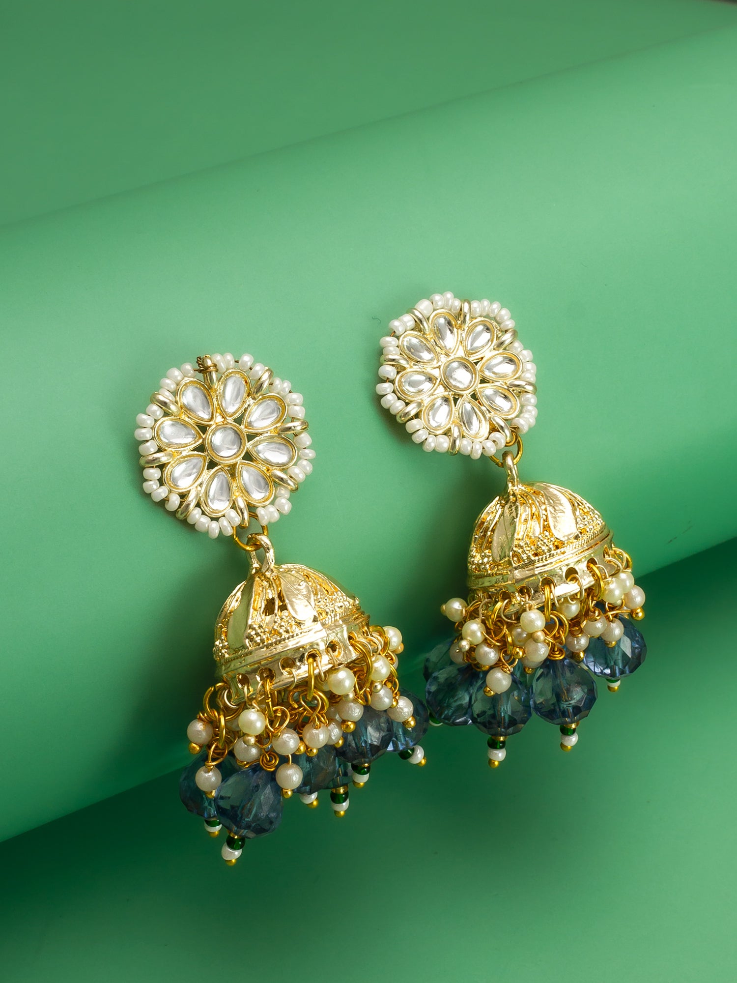 Gold-Plated Blue Beaded Kundan Jhumka Earrings – View 4 | Aadita Jewelry