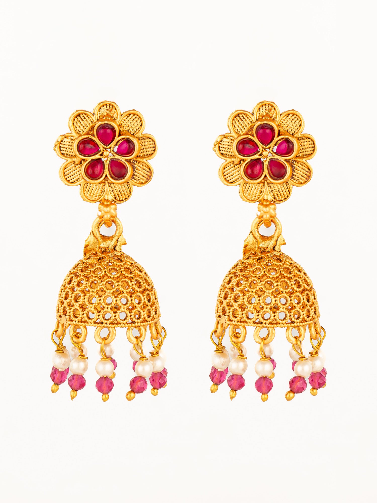 Aadita Gold Plated Floral Jhumka Earrings with Pink Stone Accents | Aadita Jewelry