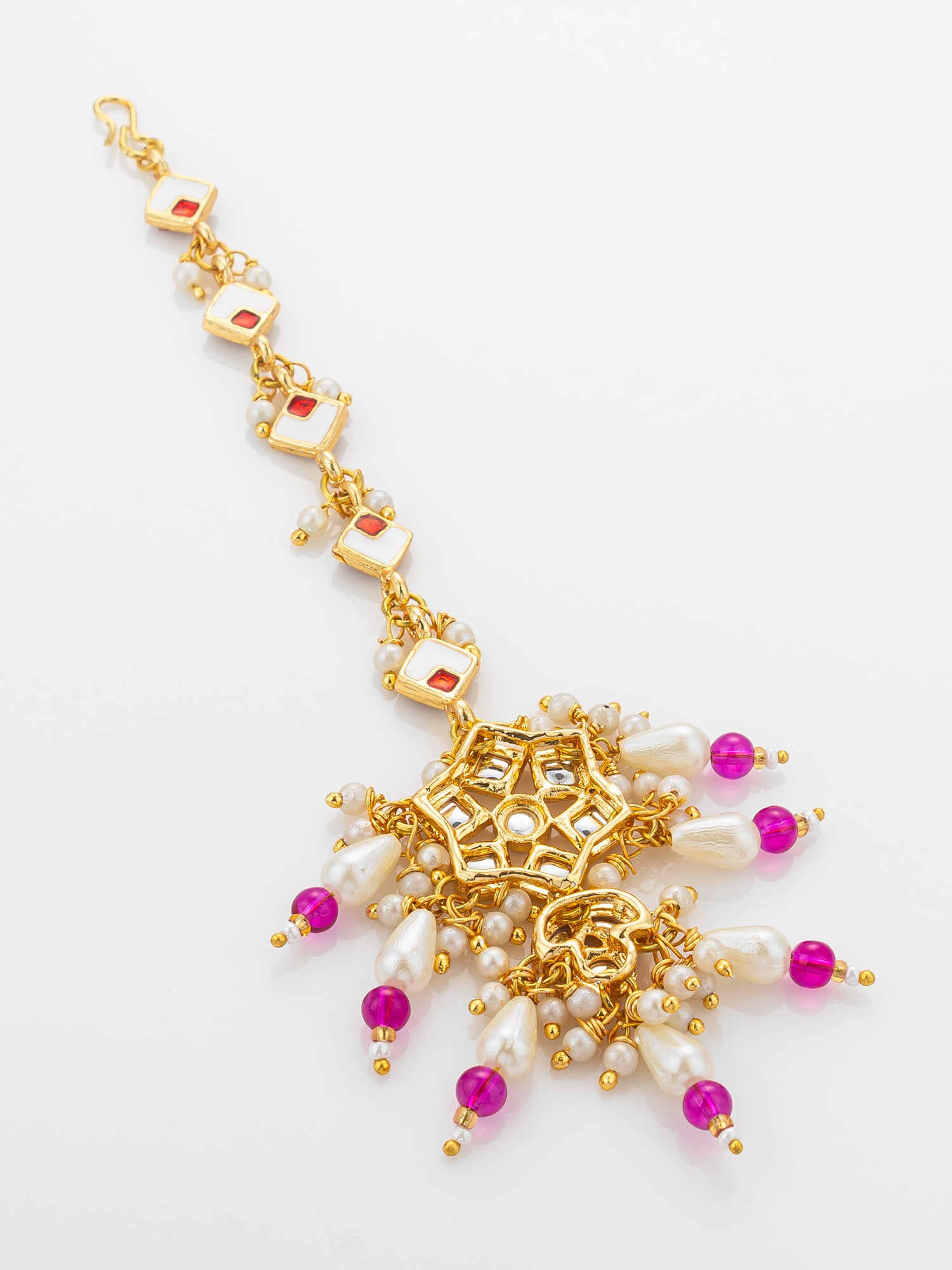 Aadita Gold Plated Diamond-Cut Ruby Stone Chain Mangtika with Kundan Star Pendant and Pearl Drops – View 4 | Aadita Jewelry