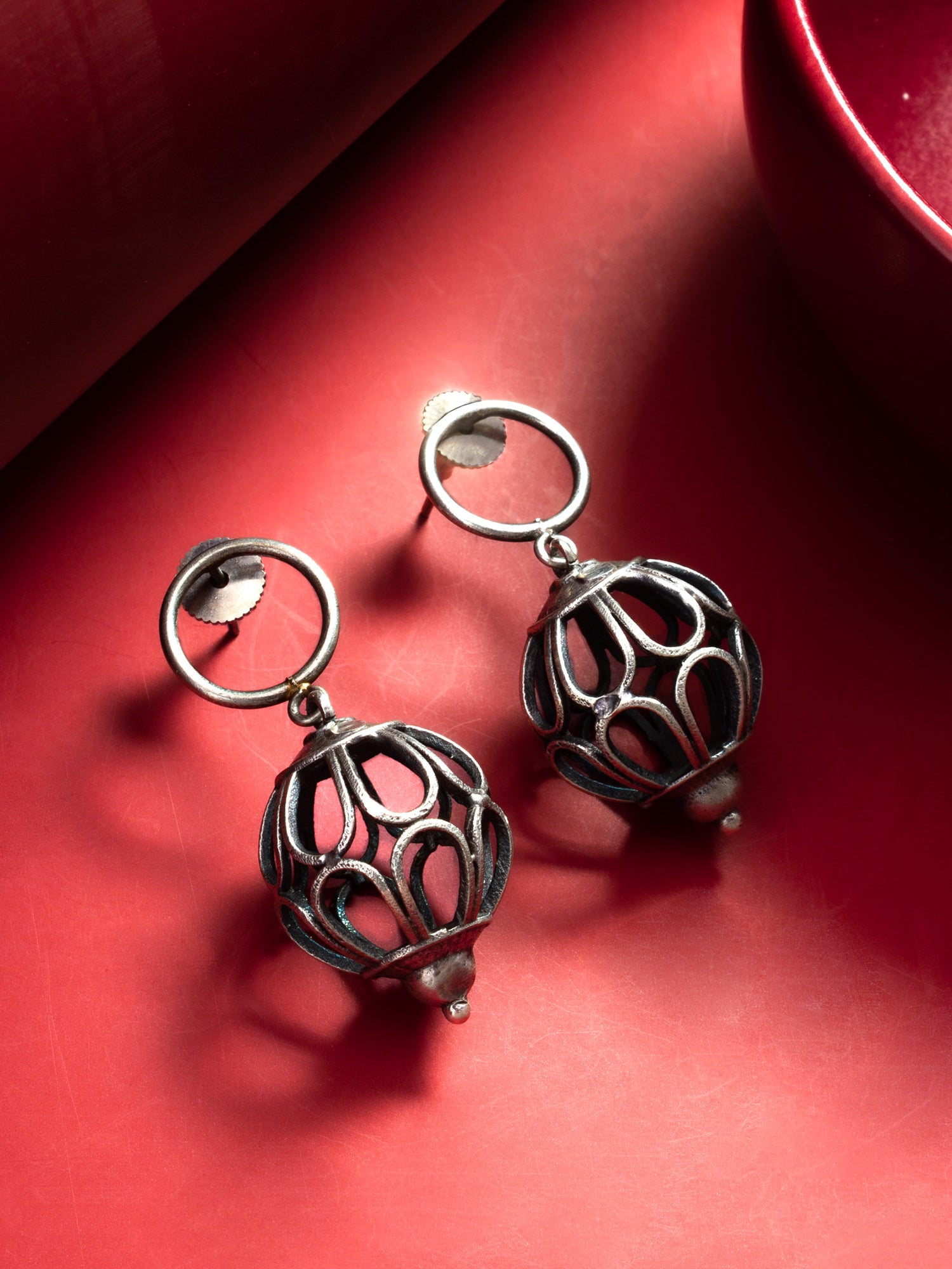 Oxidized Silver Filigree Globe Drop Earrings – View 4 | Aadita Jewelry
