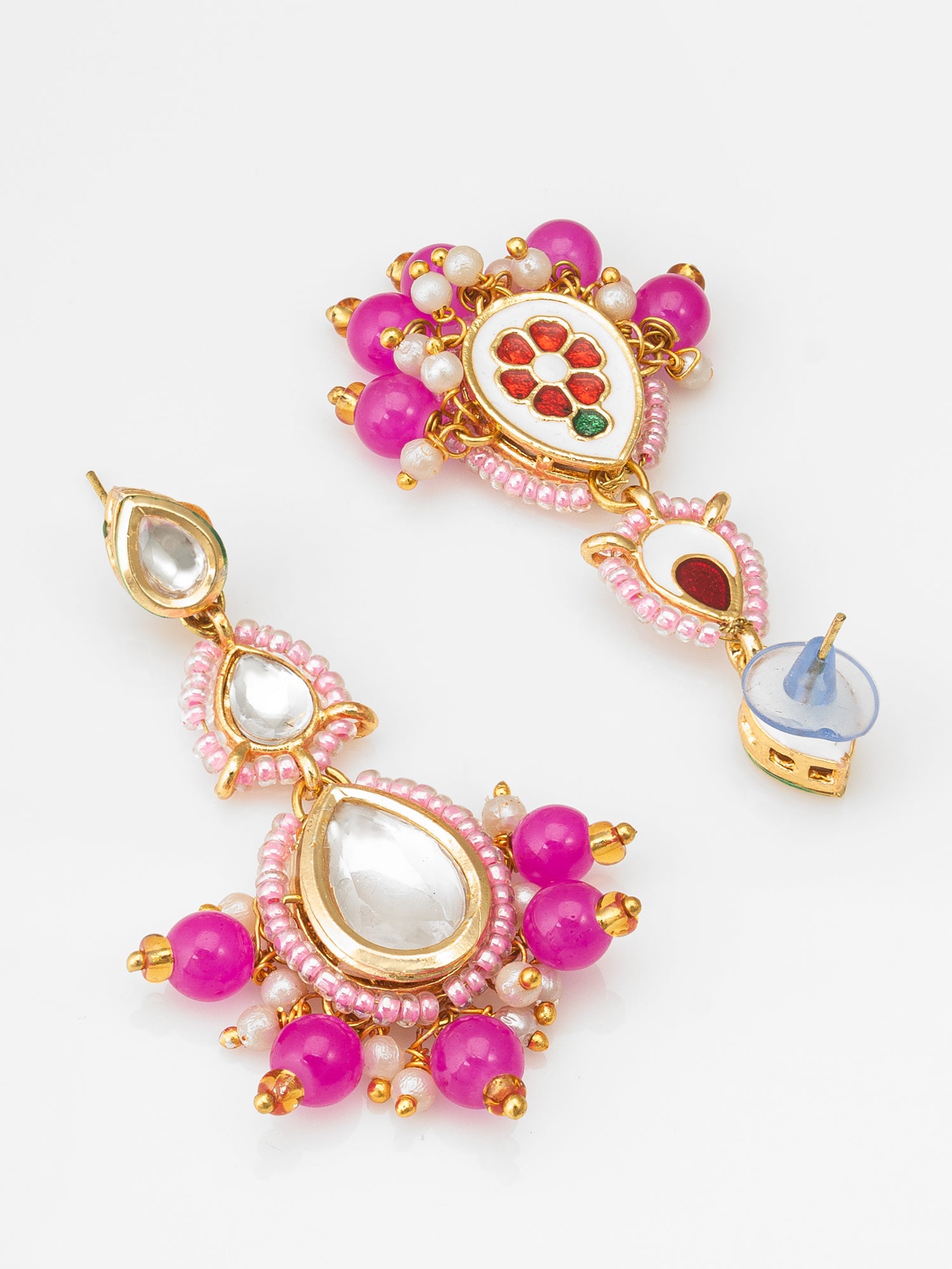 Pink Kundan Drop Earrings with Beads and Pearl – View 2 | Aadita Jewelry