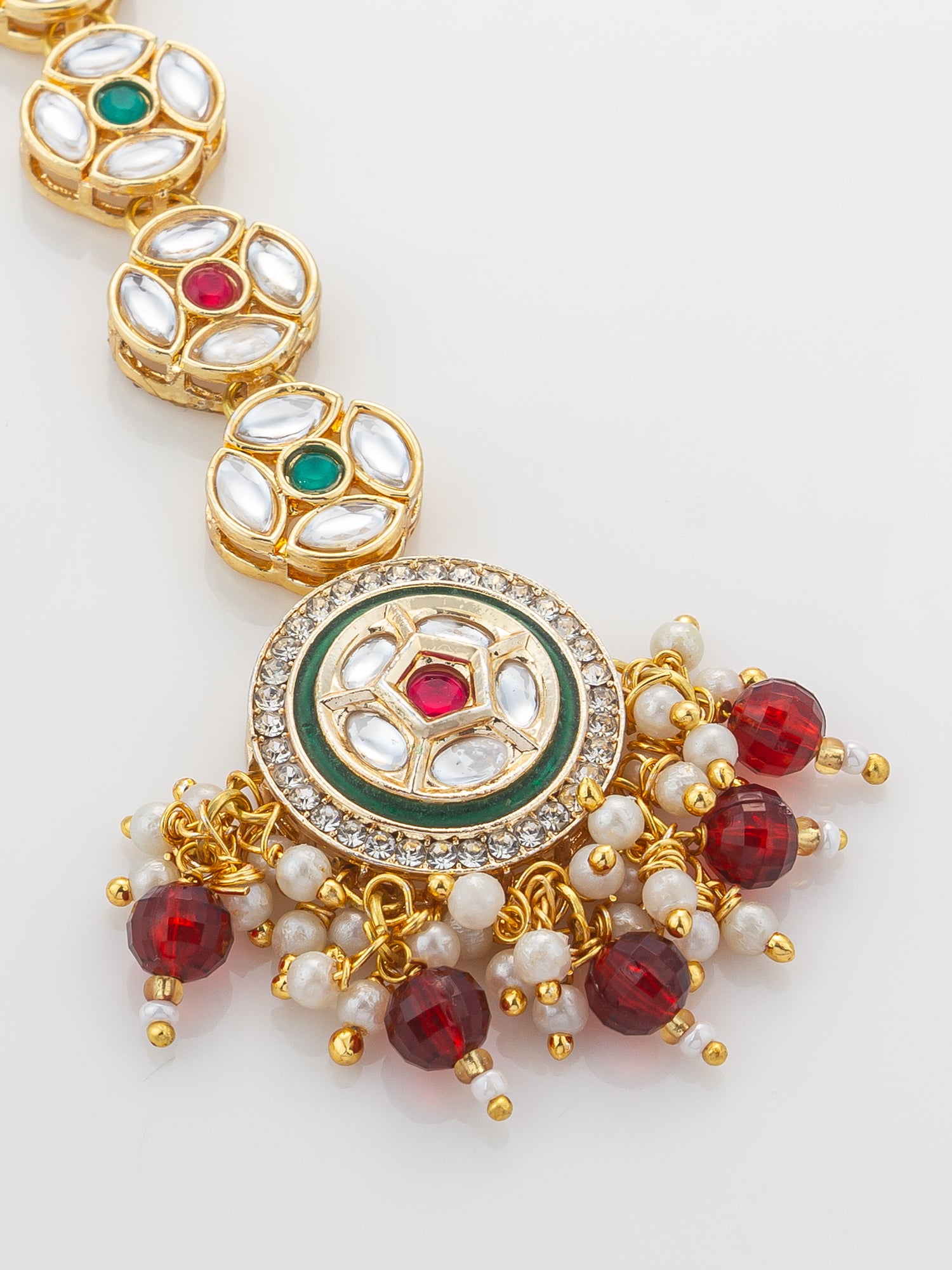 Aadita Gold Plated Linked Kundan Medallion Chain Mangtika with Circular Meenakari Pendant and Garnet Bead Fringe – View 3 | Aadita Jewelry