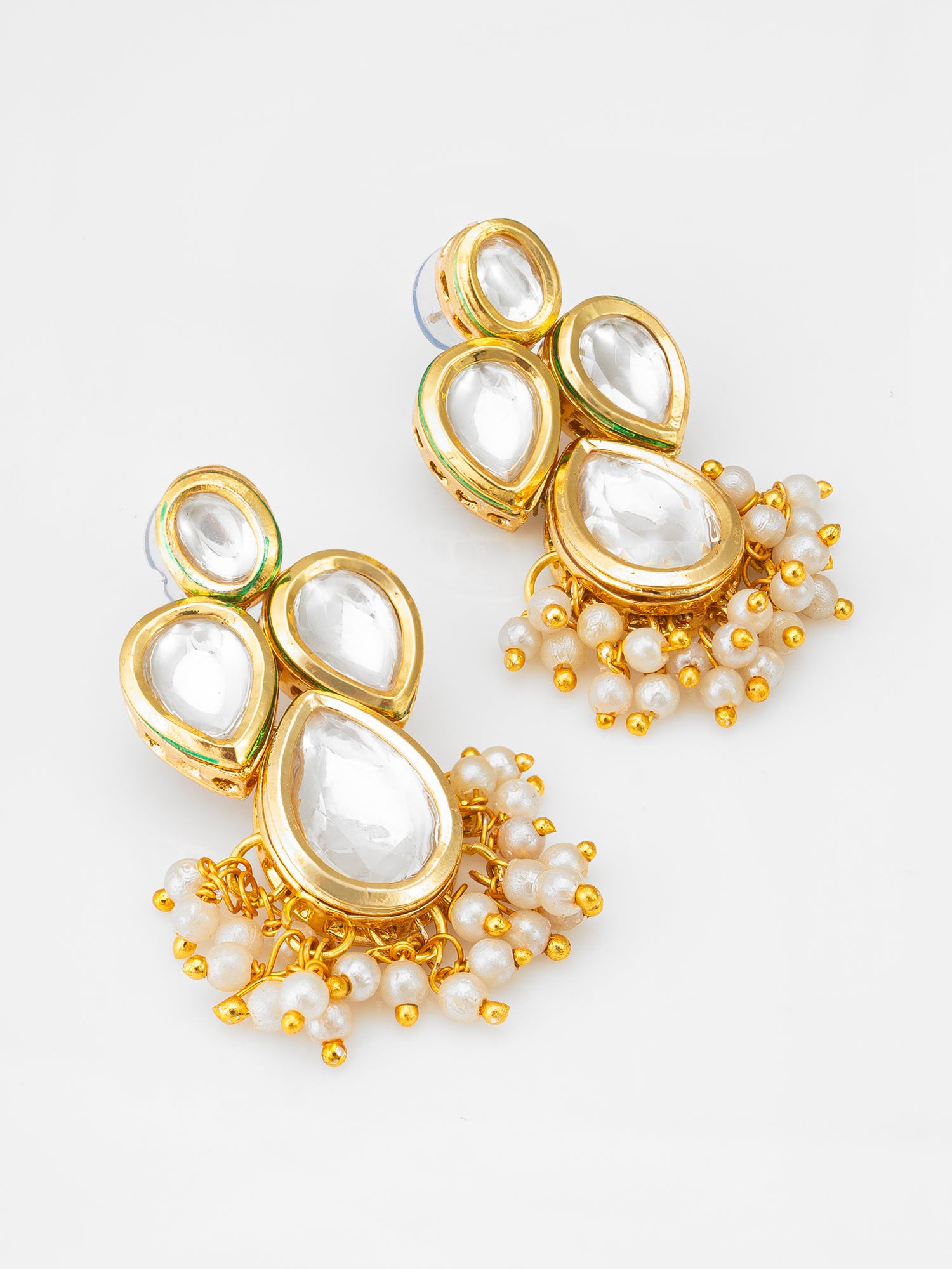 Gold-Plated Kundan Earrings with Pearl Cluster Drops | Aadita Jewelry