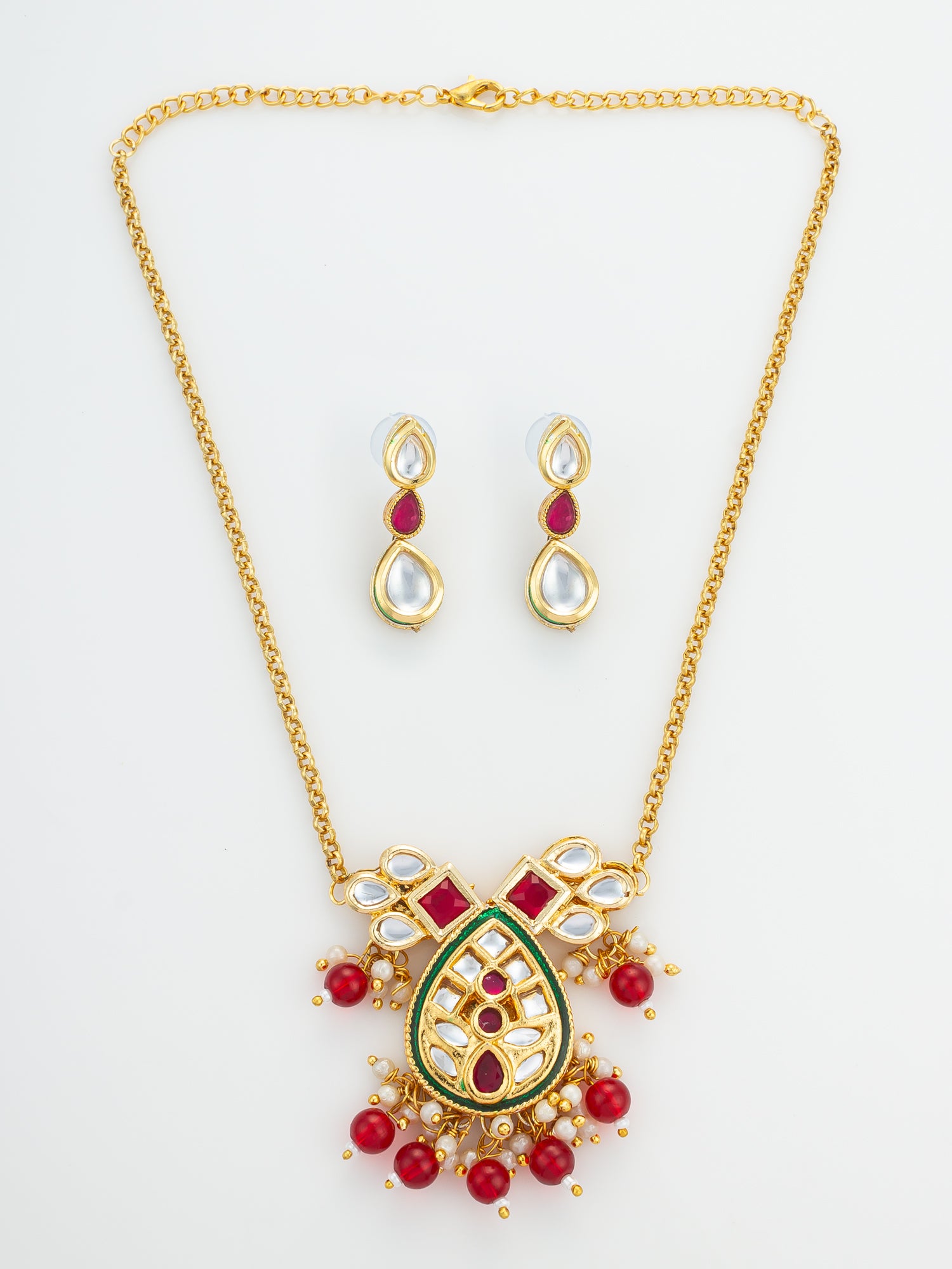 Ruby Red Kundan Gold Plated Traditional Pendant Necklace Set | Aadita Jewelry
