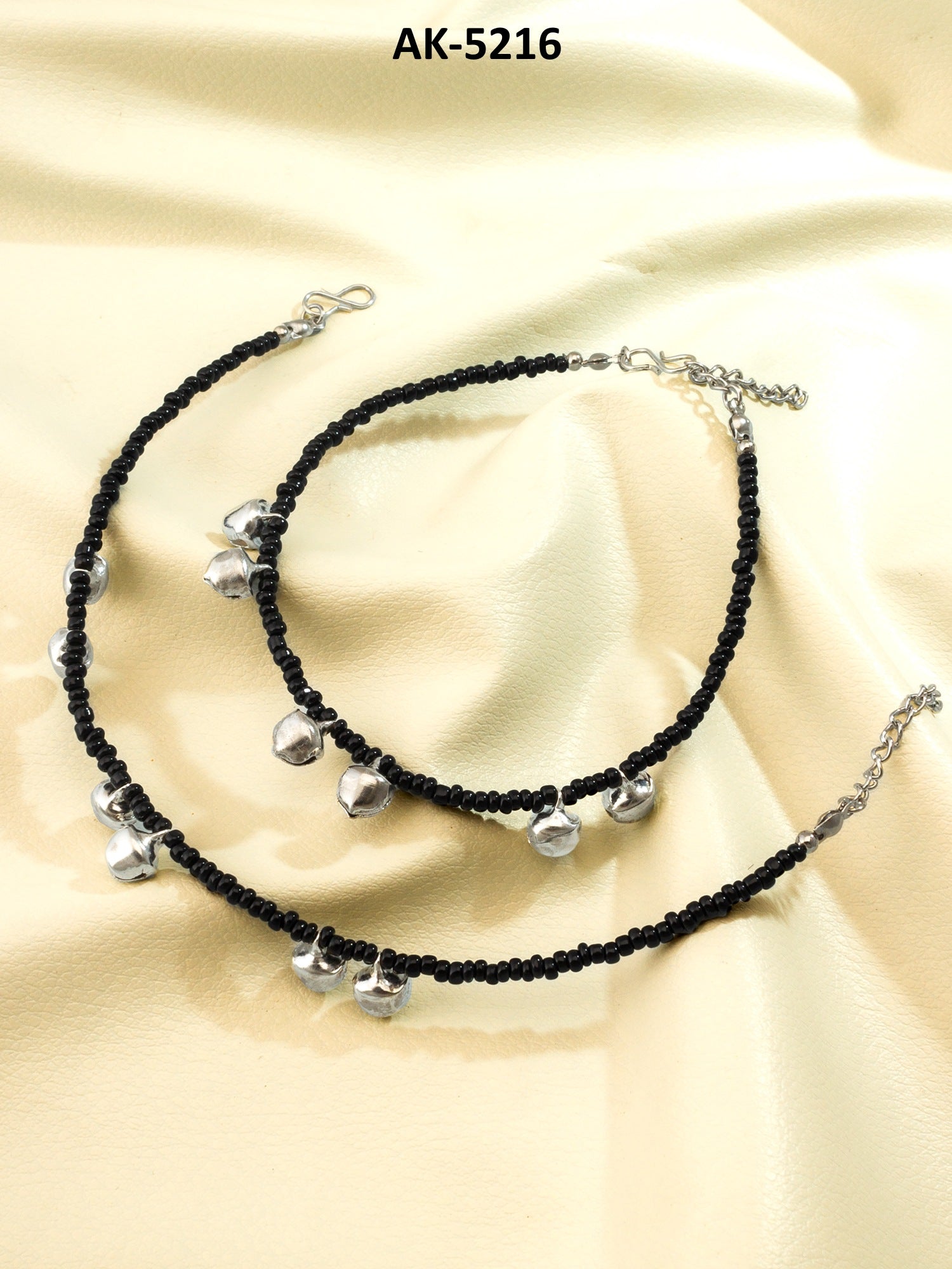 Black Seed Bead with Silver-Tone Ghungroo Bell Charms Anklet – View 5 | Aadita Jewelry