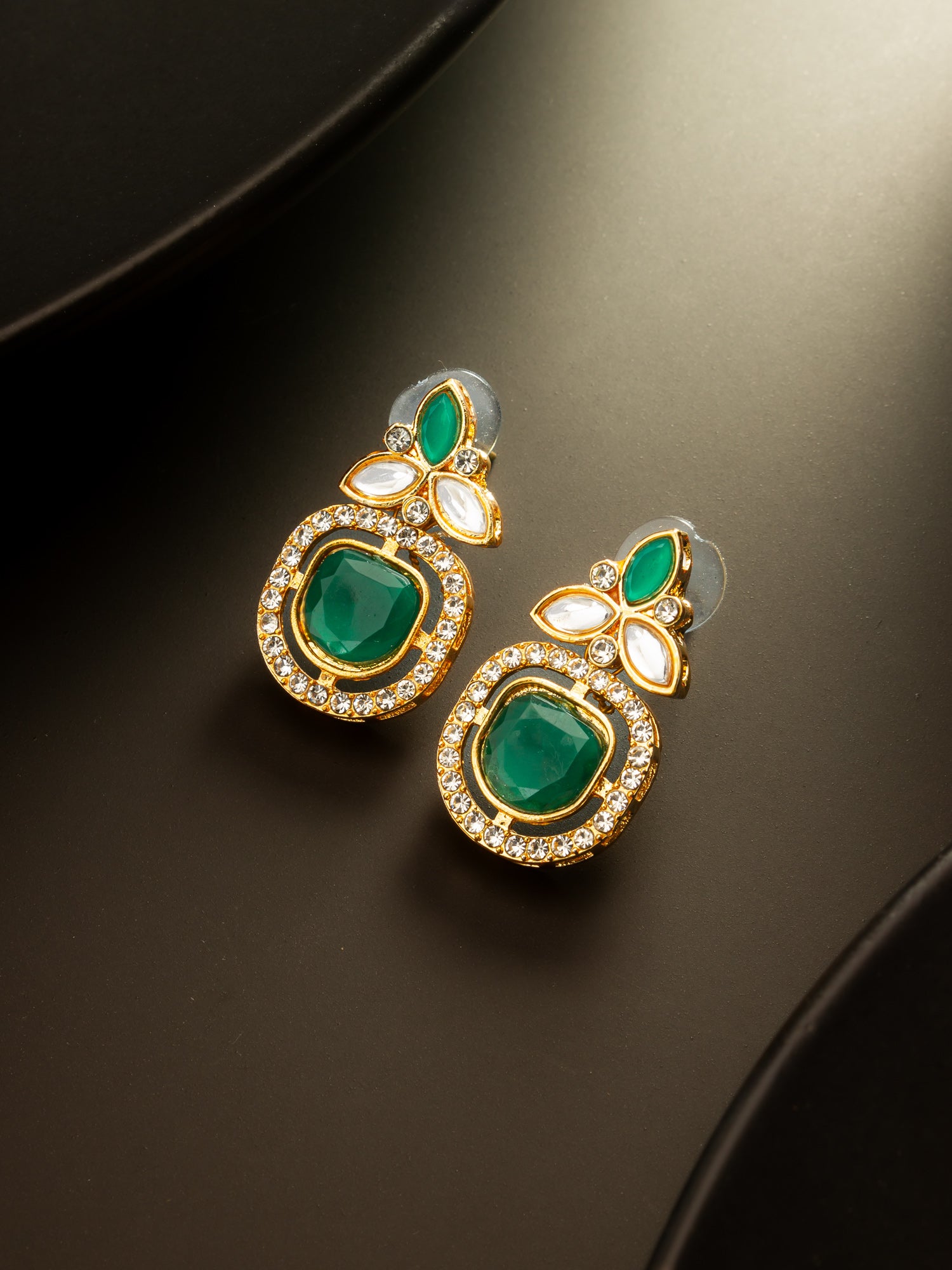 Gold Plated Green Stone and AD Studded Traditional Drop Earrings – View 5 | Aadita Jewelry