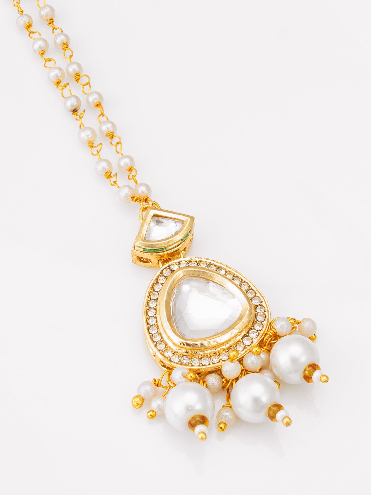 Gold-Plated Kundan Maang Tikka with Pearl Drop – View 2 | Aadita Jewelry