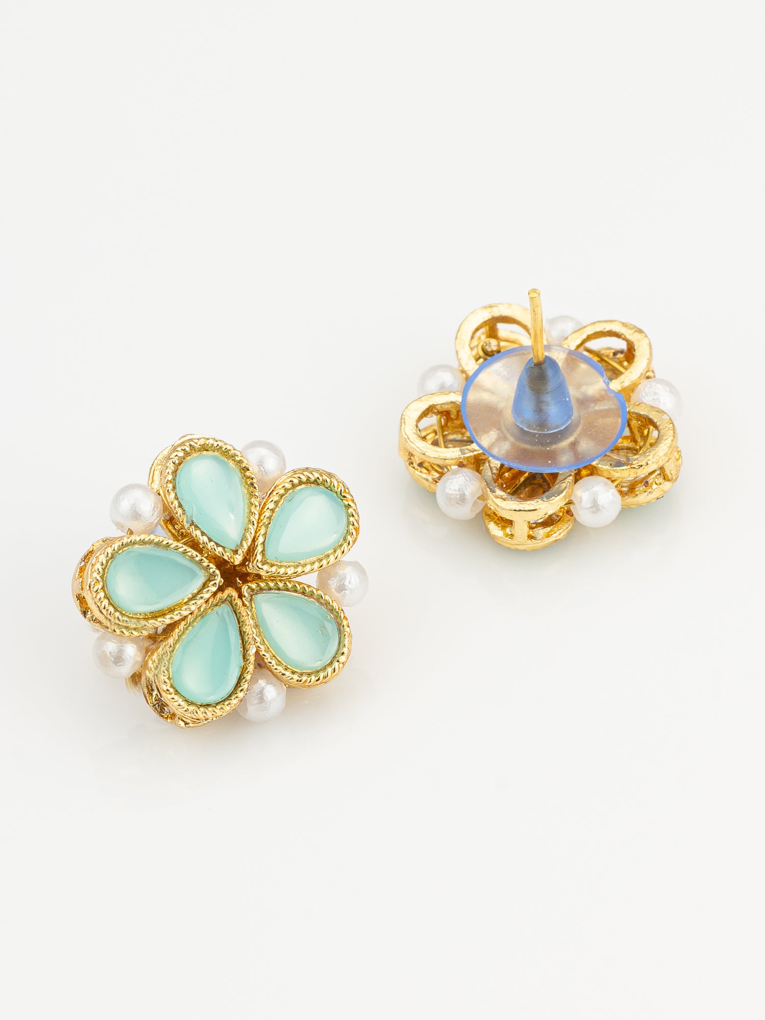 Gold Plated Mint Green Floral Stud Earrings with Pearls – View 3 | Aadita Jewelry