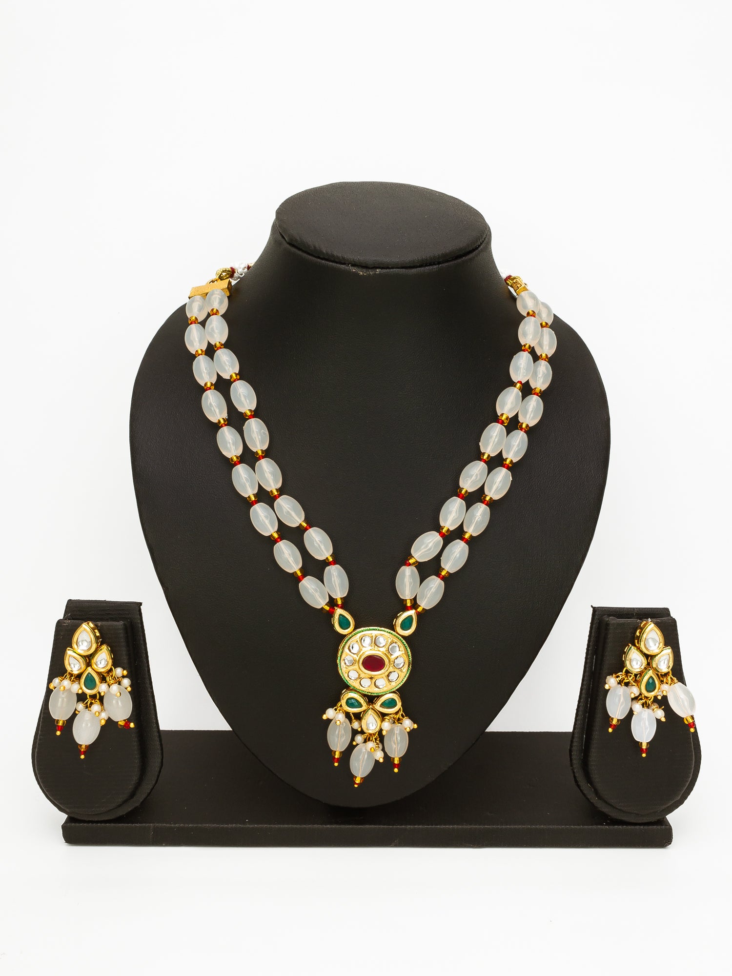 Gold Plated White Beads Kundan Necklace Set with Earrings – View 4 | Aadita Jewelry