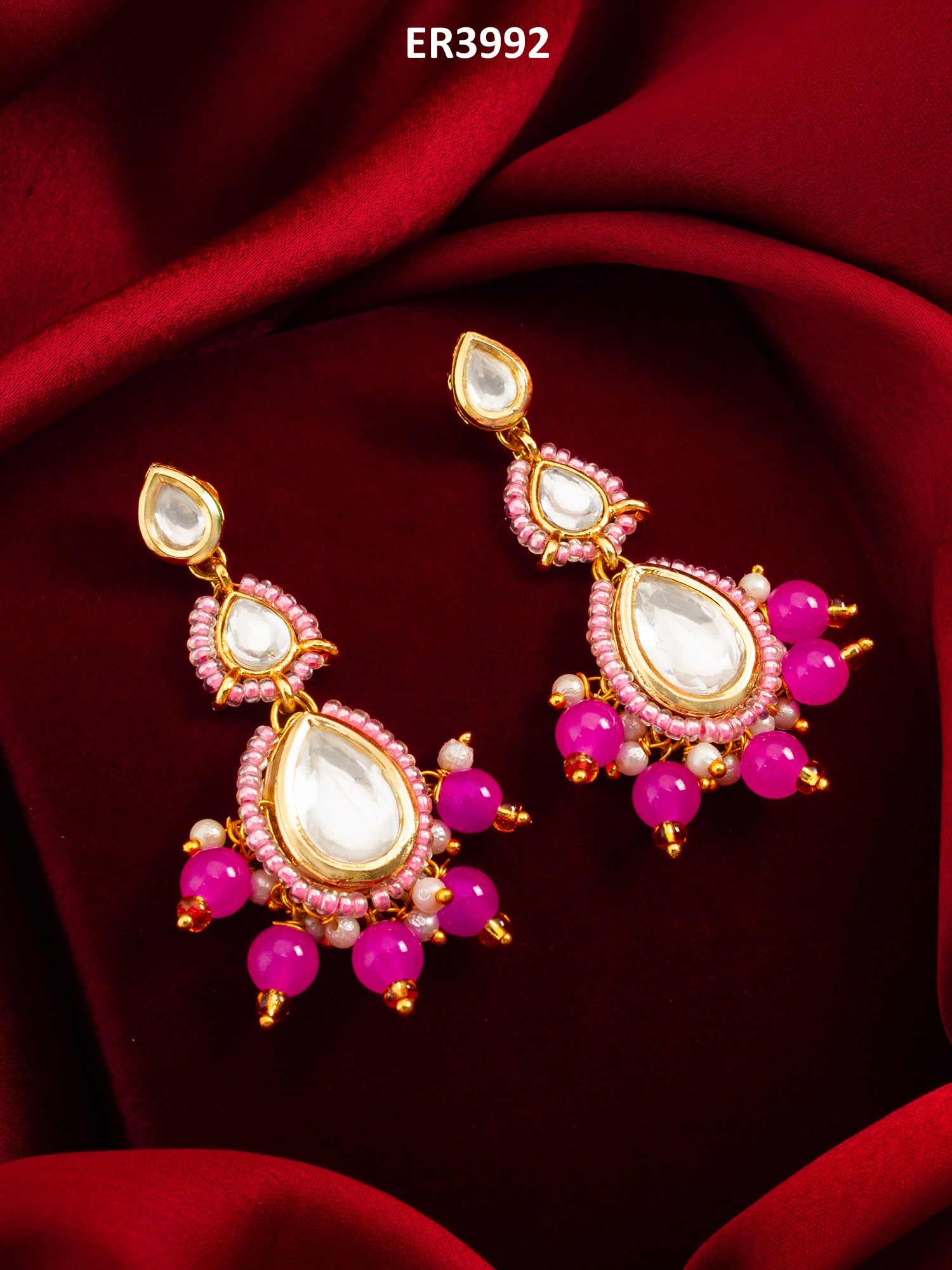 Pink Kundan Drop Earrings with Beads and Pearl – View 5 | Aadita Jewelry