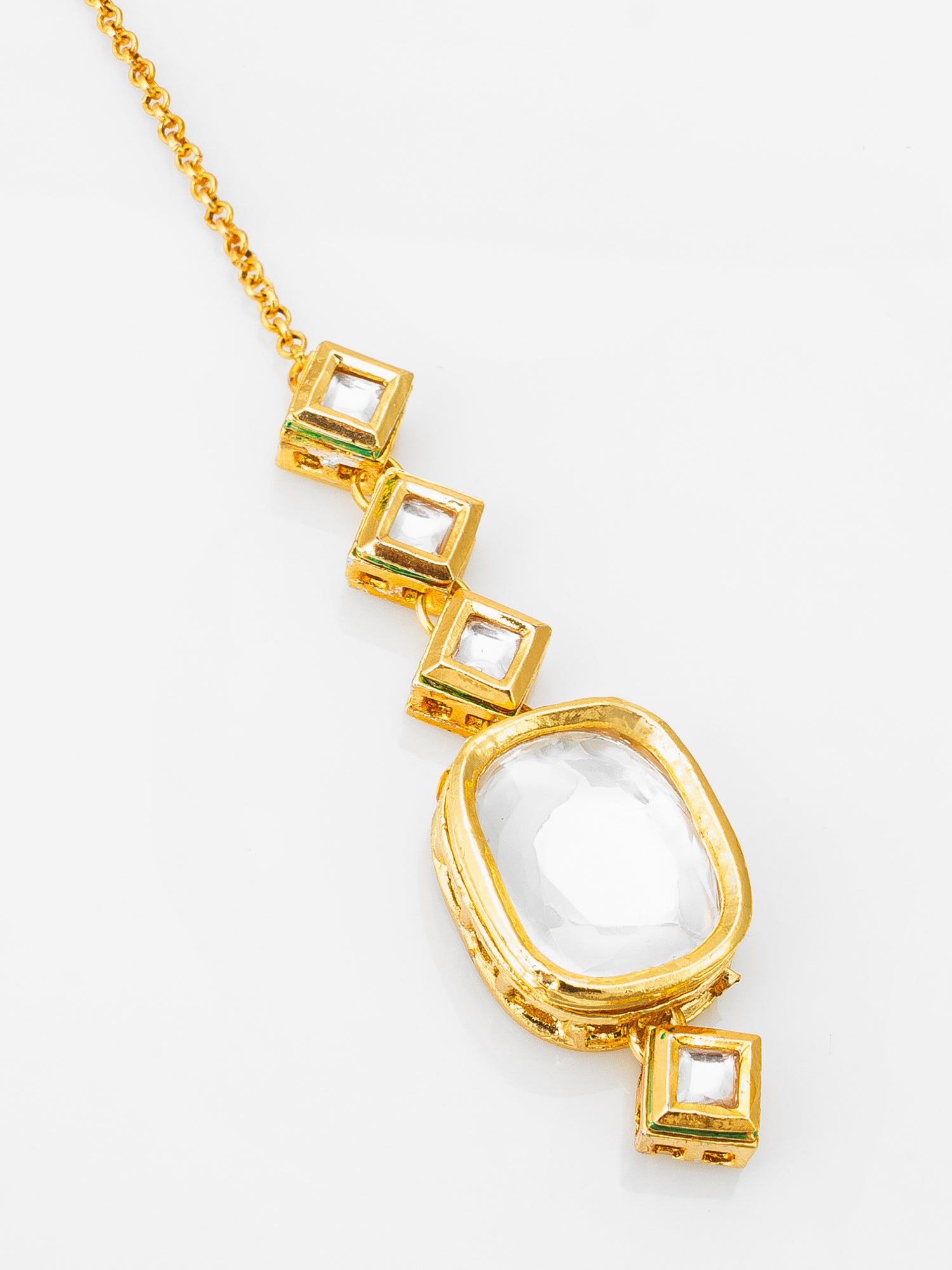 Gold-Tone Kundan Square and Oval Maang Tikka with Chain – View 3 | Aadita Jewelry