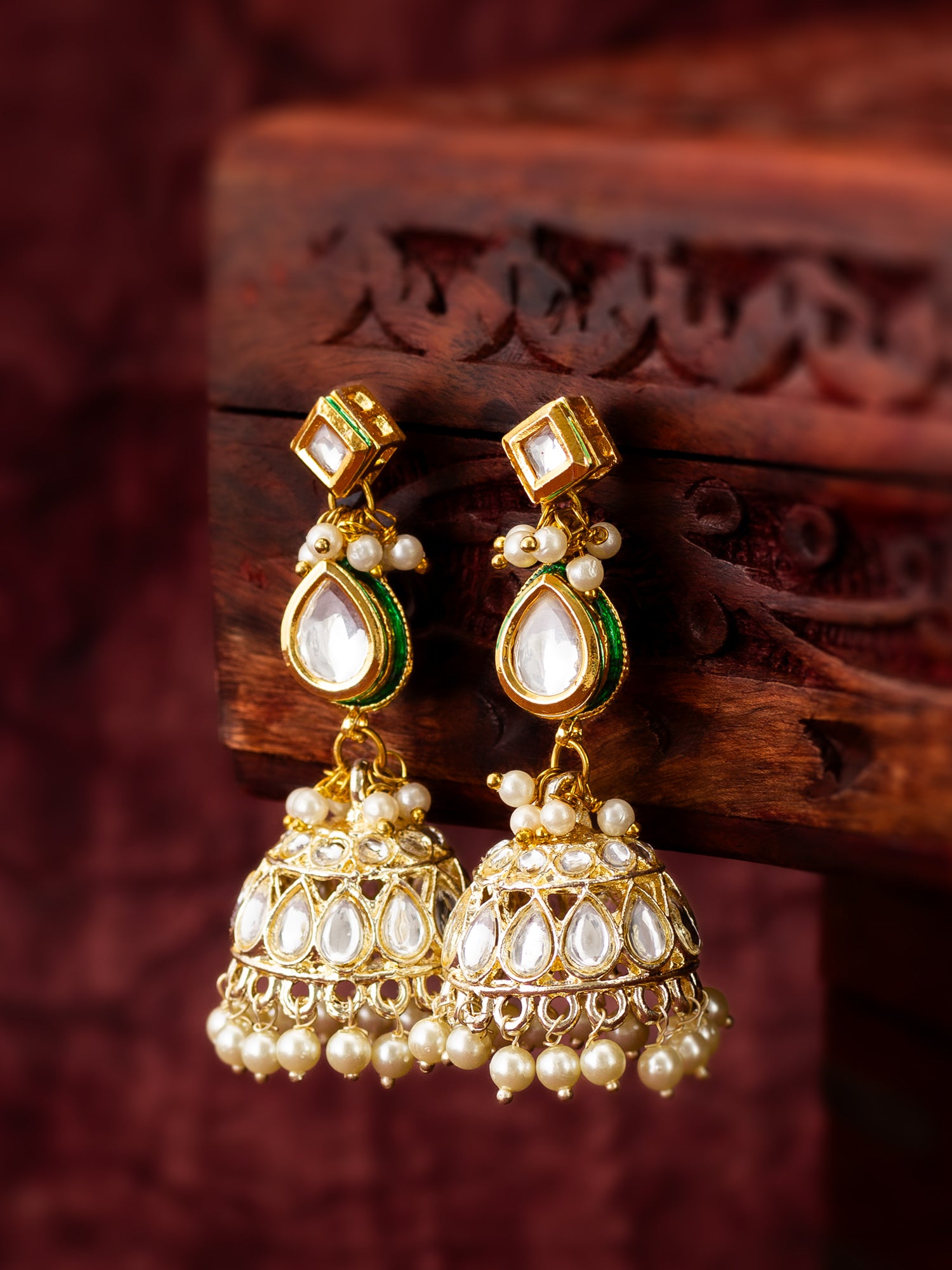 Gold Kundan Jhumka Earrings with Kundan and Pearl – View 4 | Aadita Jewelry