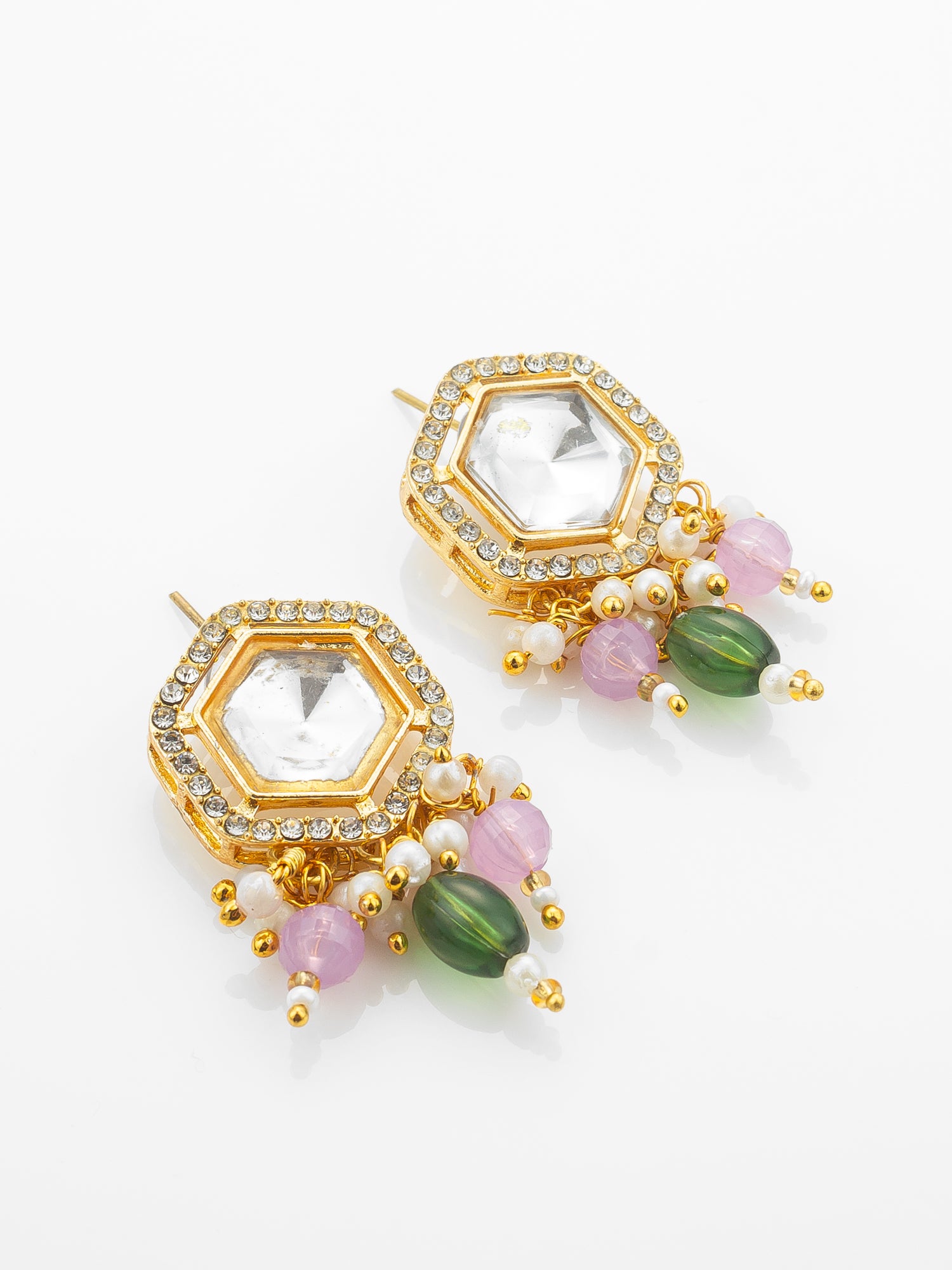 Aadita Gold Plated Kundan Hexagon Necklace Set with Pink Beads and Meenakari Earrings – View 2 | Aadita Jewelry