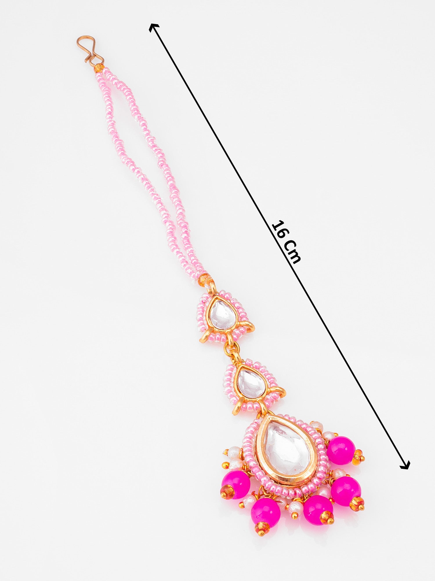 Pink Kundan Beaded Maang Tikka with Faux Pearl Drops – View 4 | Aadita Jewelry