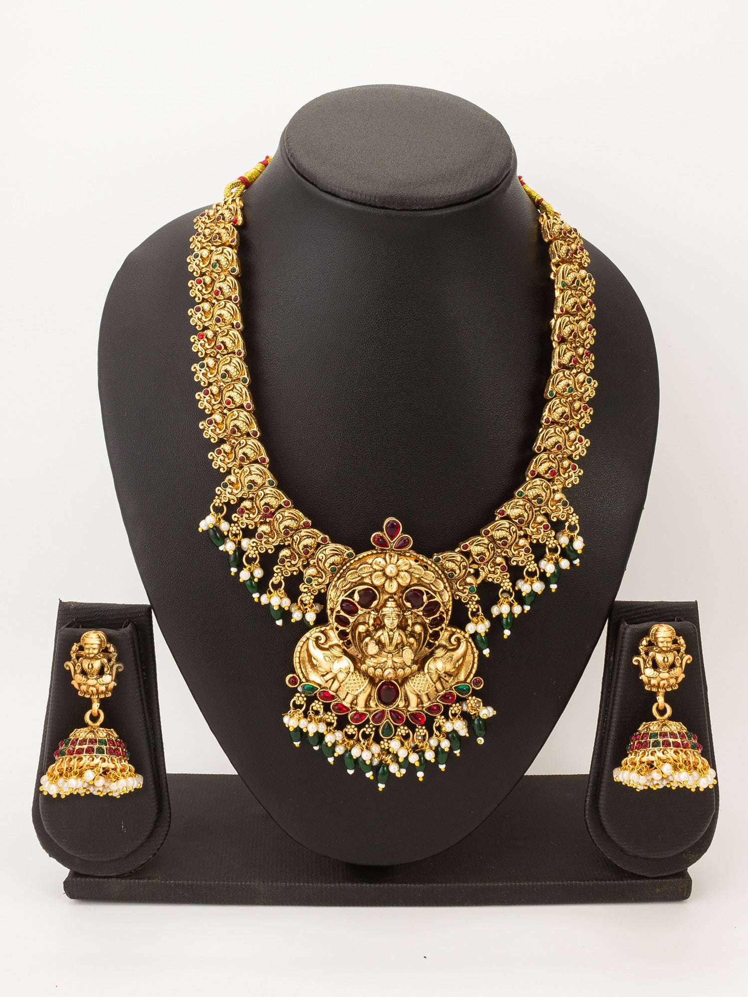 Long Temple Necklace Set with Ganesha Jhumka Earrings, Stones and Emerald Bead Drops – View 4 | Aadita Jewelry