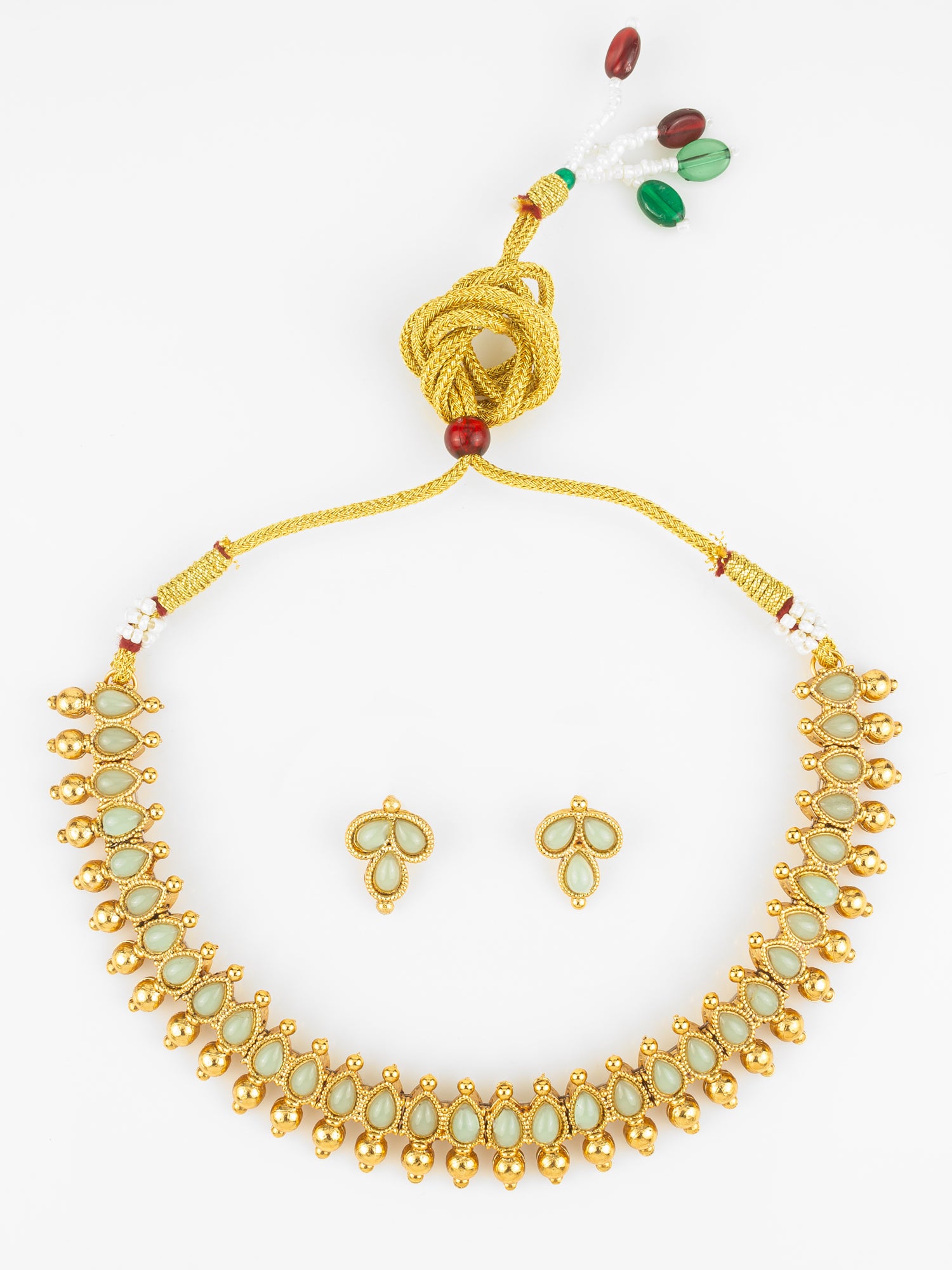 Gold Plated Mint Teardrop Beads Traditional Necklace Set for Women | Aadita Jewelry