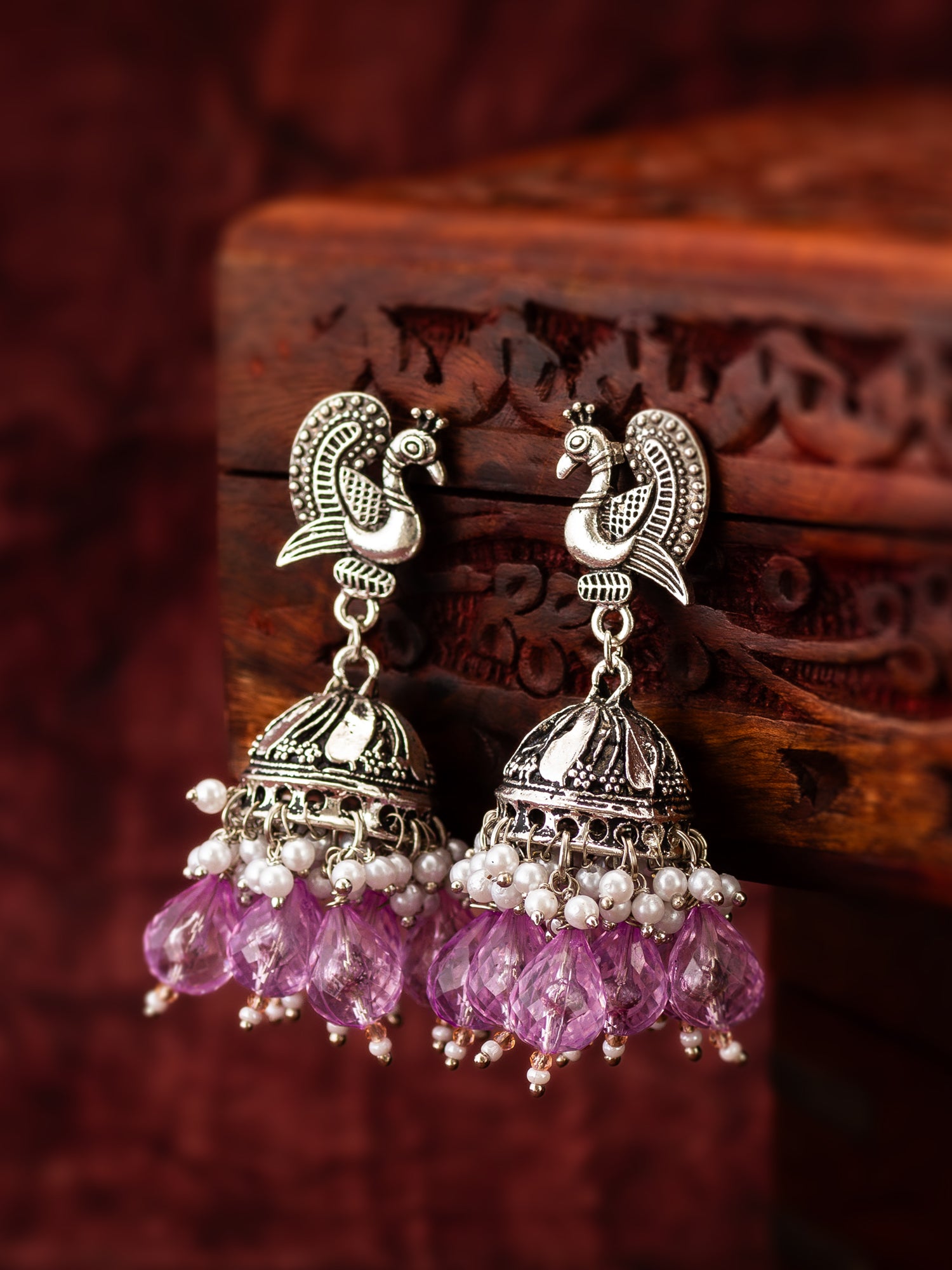 Oxidized Silver Peacock Jhumka Earrings – View 4 | Aadita Jewelry