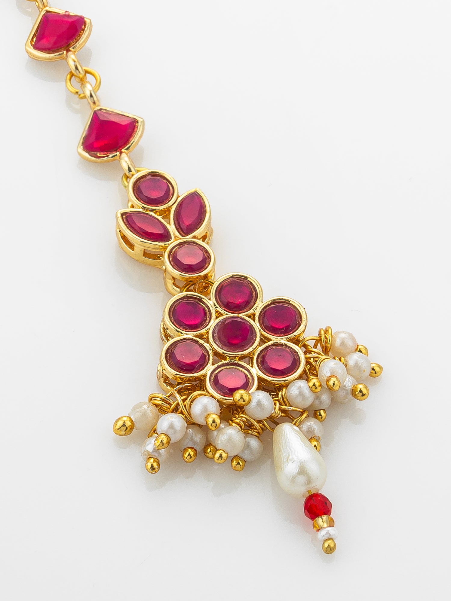 Aadita Gold Plated Ruby Square Chain Mangtika with Floral Cluster Pendant and Pearl Drop Fringe – View 3 | Aadita Jewelry