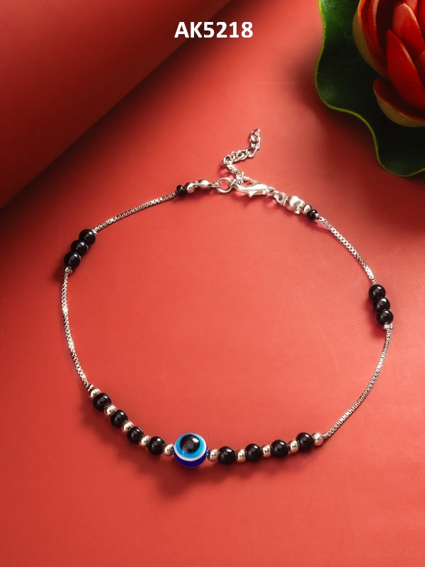 Evil Eye Black Bead Silver-Tone Anklet – View 4 | Aadita Jewelry
