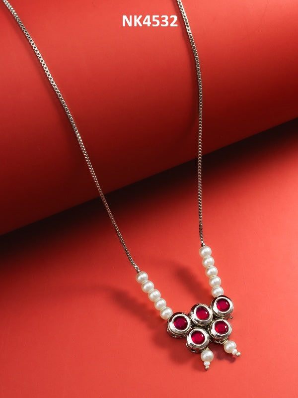 Red Stone Cluster Pendant Necklace with Pearl Chain – View 4 | Aadita Jewelry