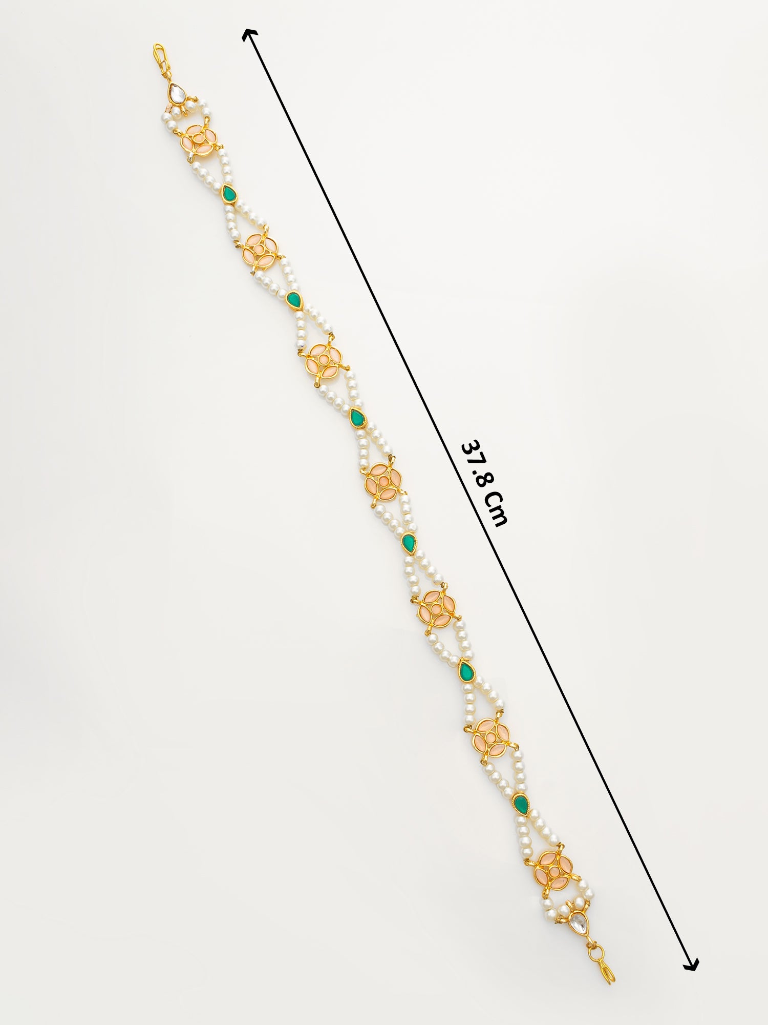 Gold Plated Green & Peach Pearls Kundan Matha Patti – View 4 | Aadita Jewelry