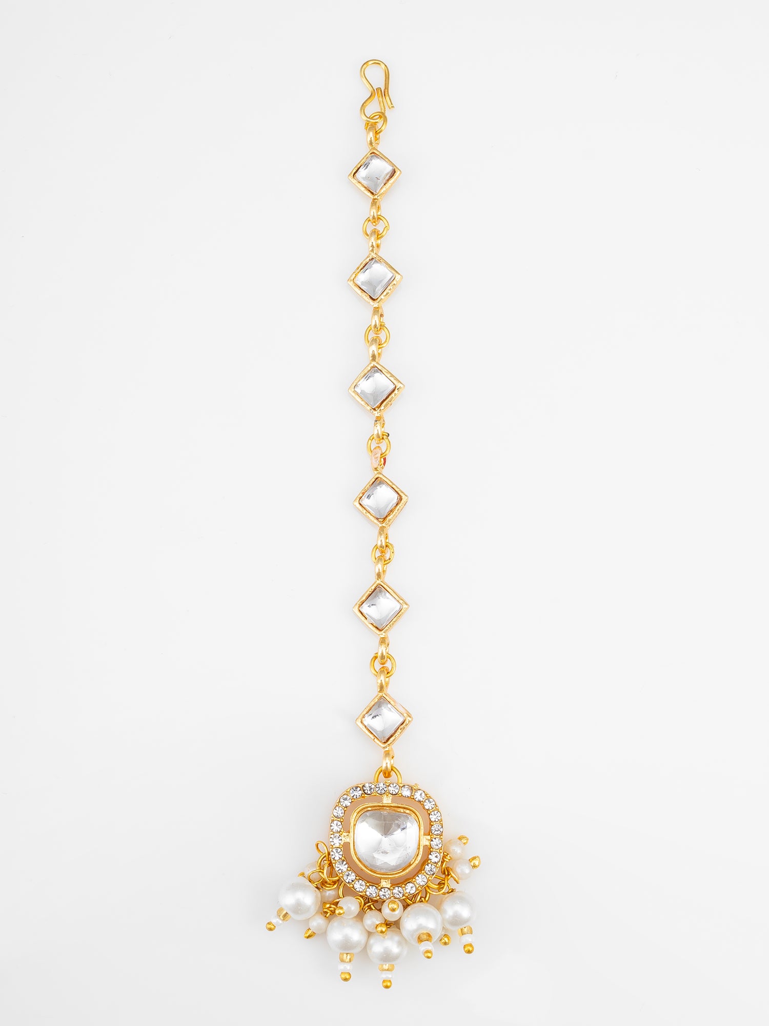 Aadita Gold Plated Square Kundan Chain Mangtika with Round Pendant and White Pearl Cluster Fringe | Aadita Jewelry