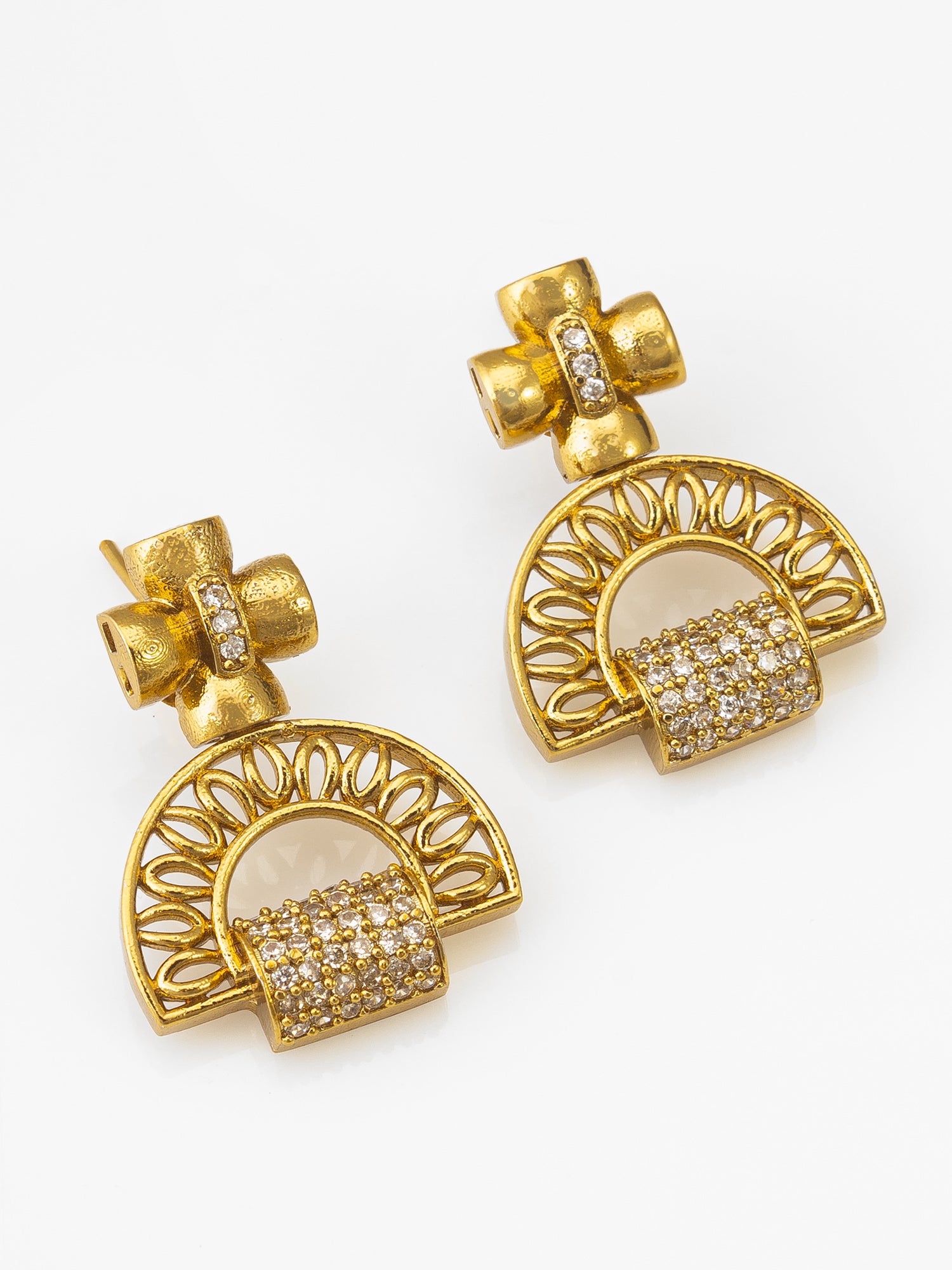 Gold-Plated AD Stone Half-Moon Arch Necklace Set with Geometric Stud Earrings – View 2 | Aadita Jewelry