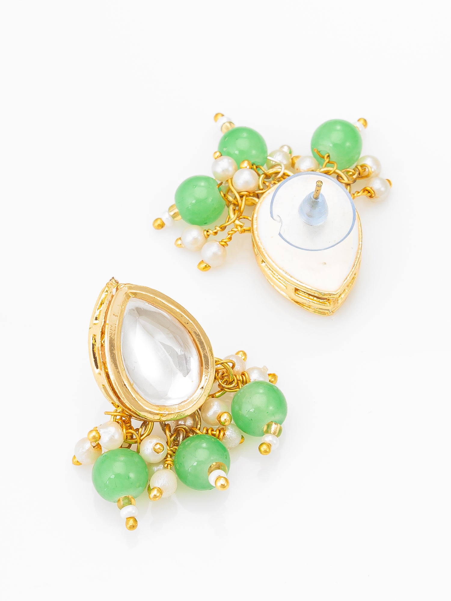 Gold-Plated Kundan Necklace Set with Green Beads and Stud Earrings – View 3 | Aadita Jewelry