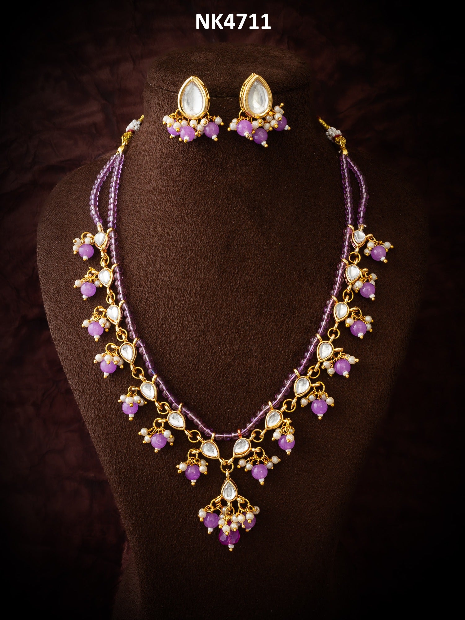 Gold-Plated Lavender Beads Kundan Choker Necklace Set – View 5 | Aadita Jewelry