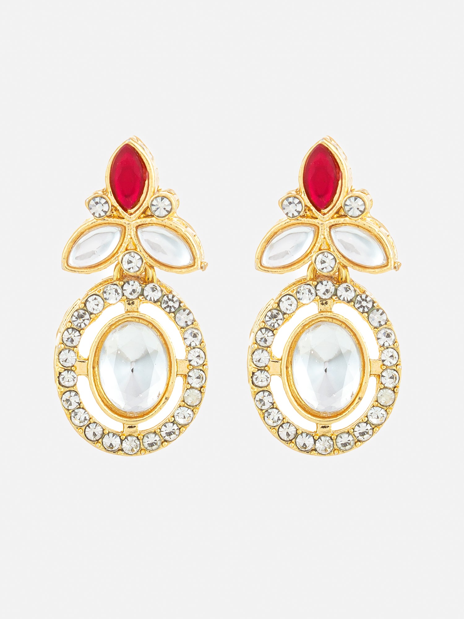 Gold Plated Oval Halo Drop Earrings with Red Accent | Aadita Jewelry