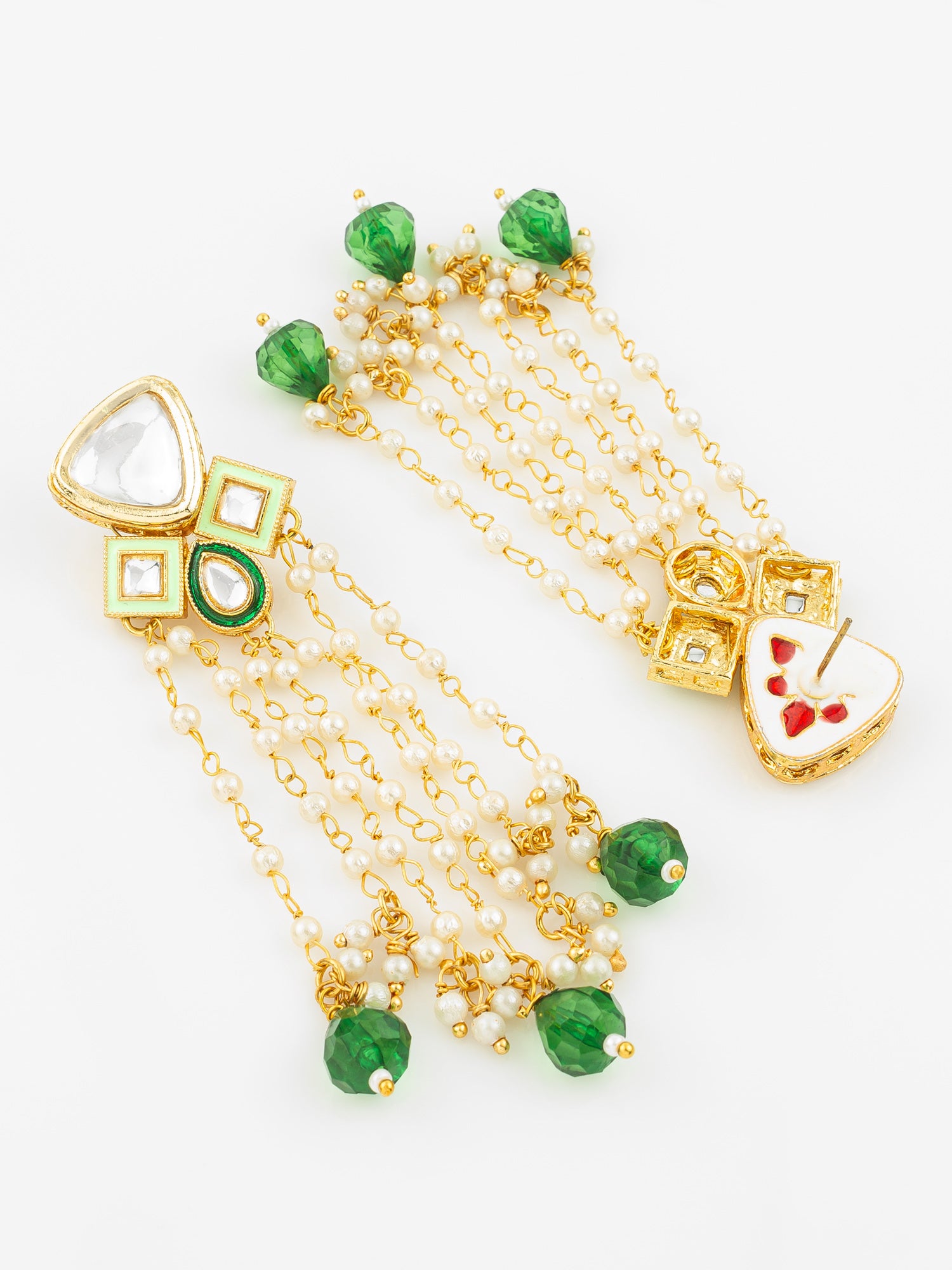 Gold Plated Kundan and Pearl Green Drop Traditional Long Dangler Earrings for Women – View 3 | Aadita Jewelry