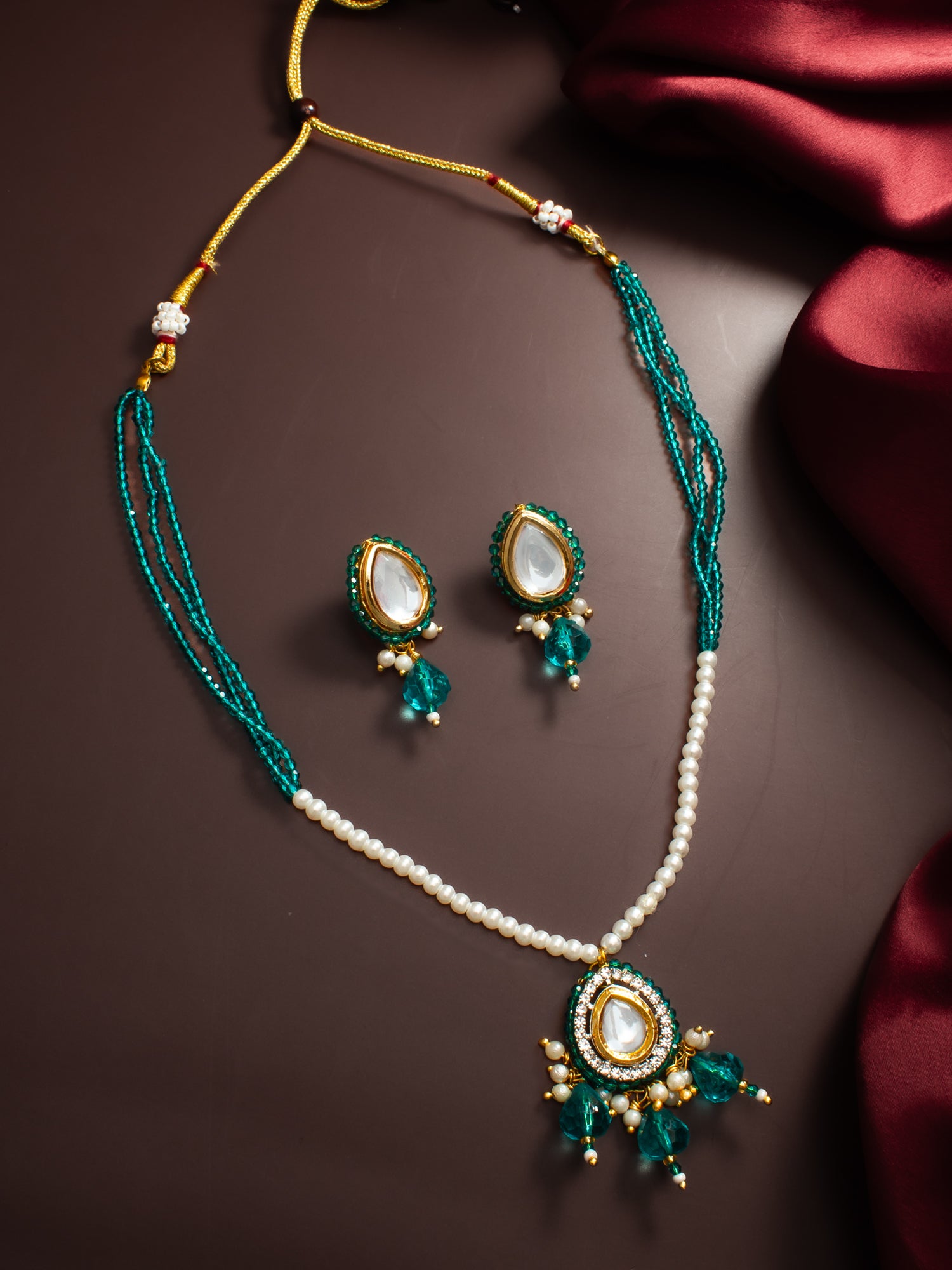 Gold Plated Kundan Teal Beaded Necklace Set with Earrings for Women – View 5 | Aadita Jewelry