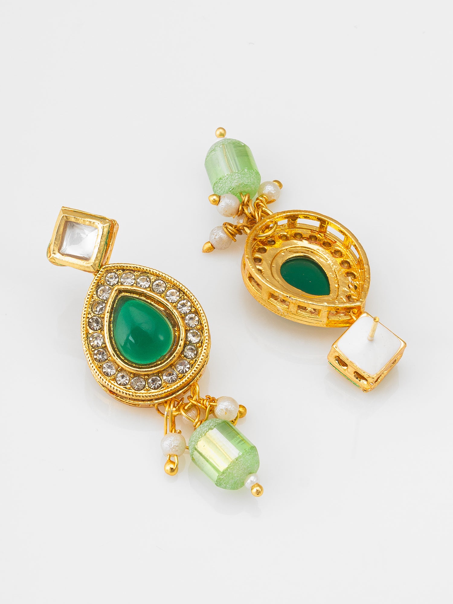 Kundan Necklace Set with Green Onyx Stones, Crystal Drops and Stud Earrings – View 3 | Aadita Jewelry
