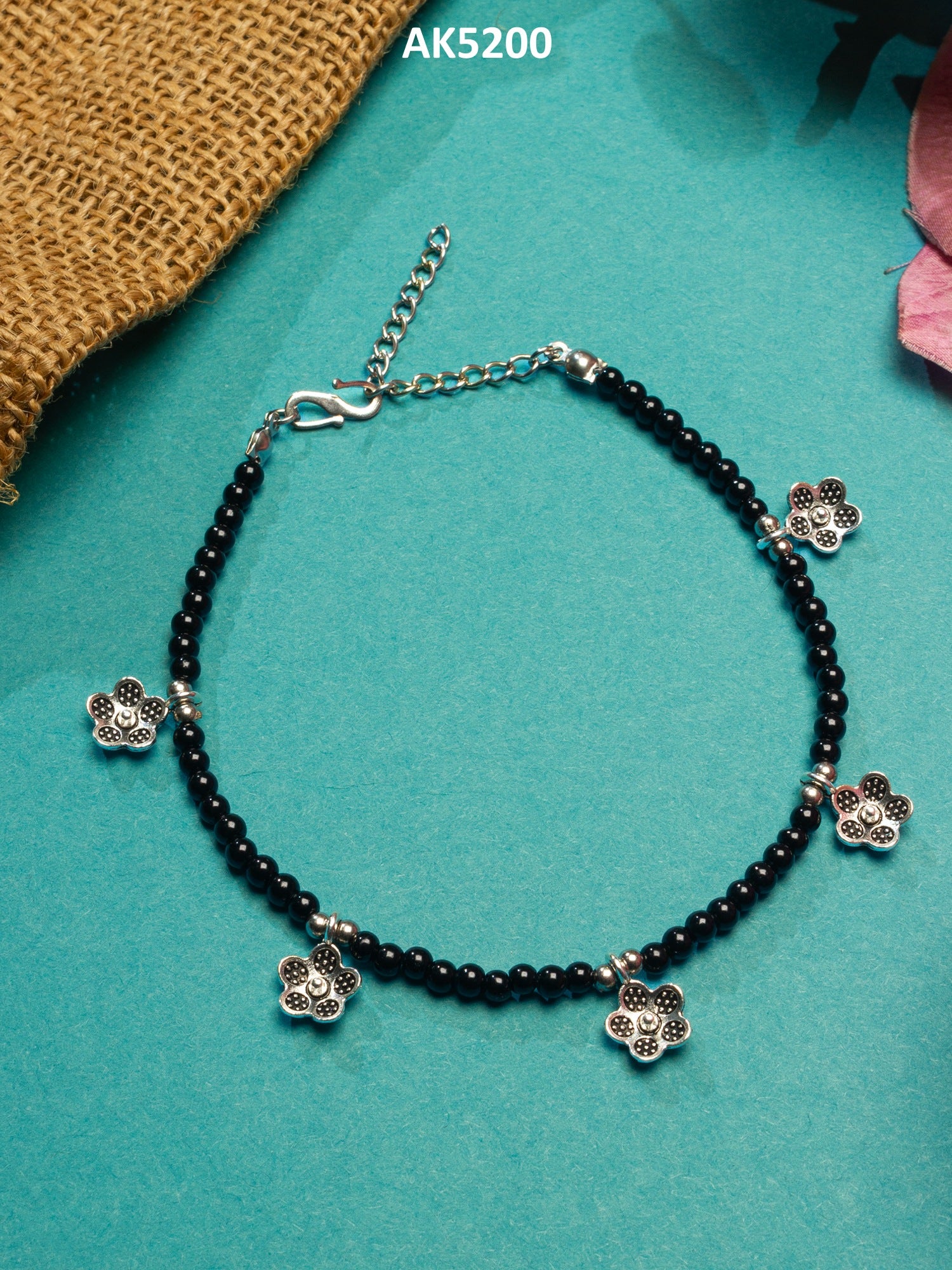Black Beaded Oxidized Silver Floral Charm Anklet – View 5 | Aadita Jewelry