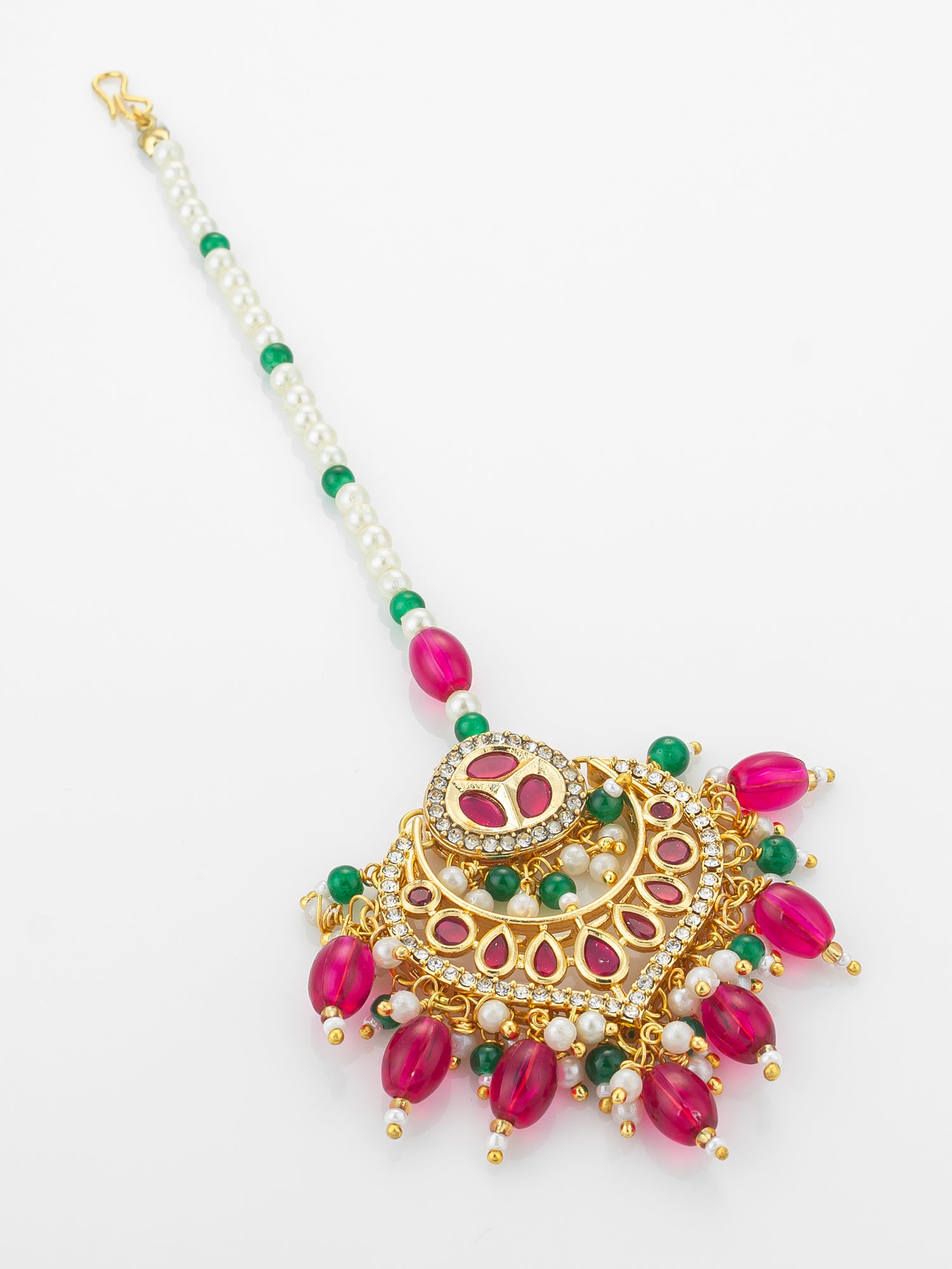 Aadita Gold Plated Kundan Maang Tikka with Pink and Green Beads – View 2 | Aadita Jewelry